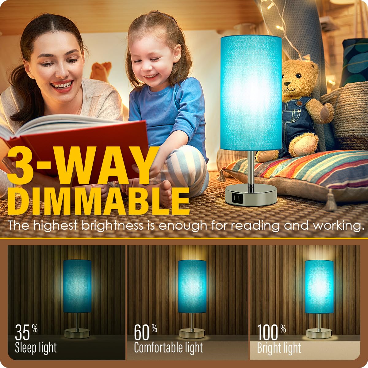 Yarra-Decor Blue Fabric Shade Touch Control Table Lamp With Usb Ports, 3 Way Dimmable Nightstand Lamp For Bedroom, Living Room, Kids Room, College Dorm, Office