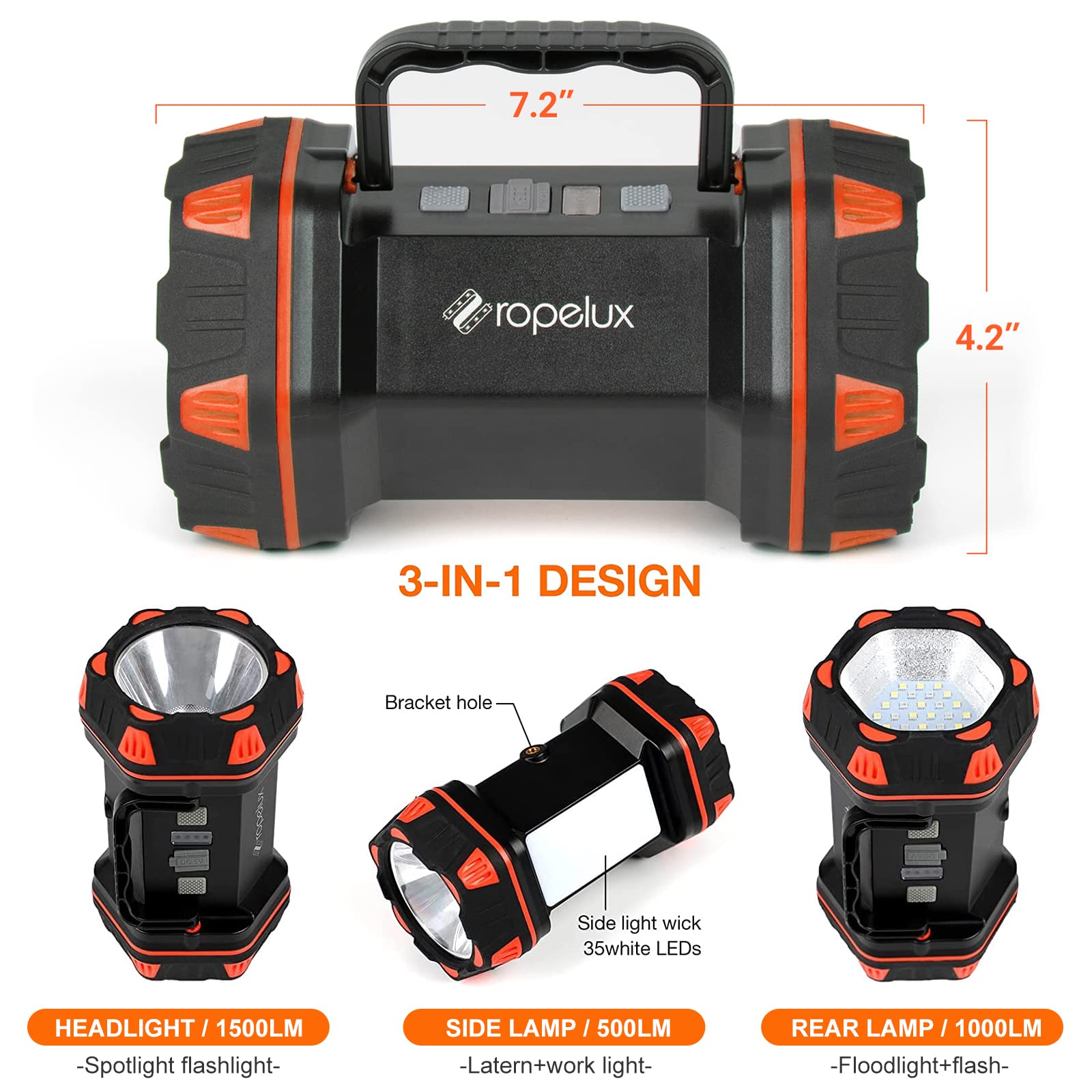 Ropelux Rechargeable Led Camping Lantern 1500Lm, 8 Modes, Portable Light For Emergencies, Orange