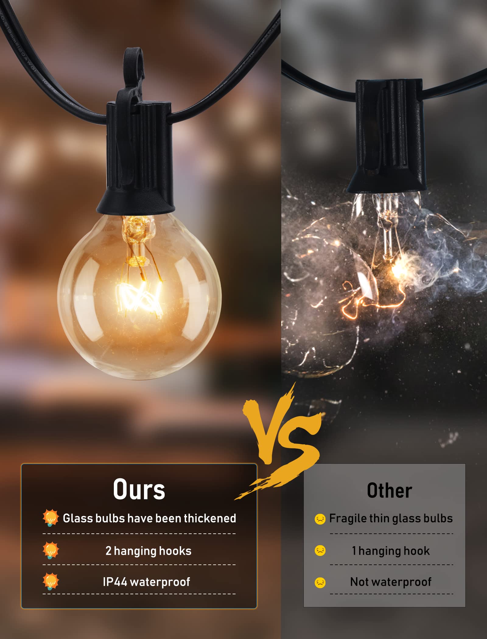 Brightown 25FT G40 Globe String Lights - 27 Edison Bulbs, Waterproof, Black, E12 Socket, Perfect for Patio, Porch & Party Decor