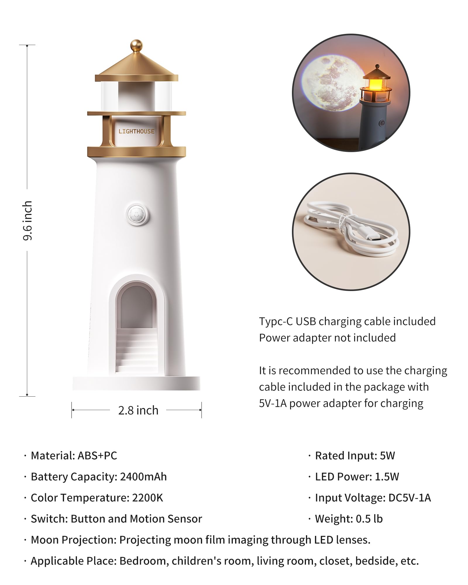Newsee Led Cordless Night Lights Set Of 2, Wireless Portable Motion Sensor Moon Lighthouse Lamp, Rechargable Battery Powered Tab