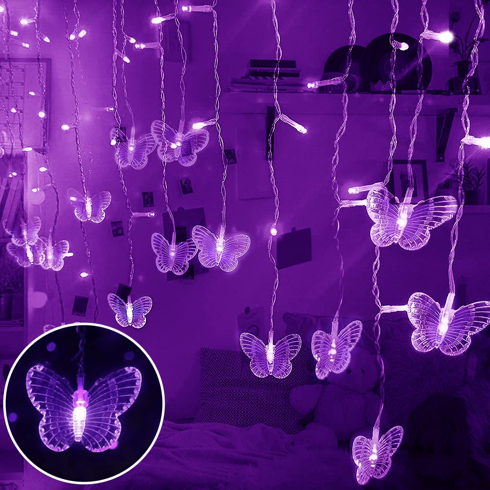 Lainin String Light 13Ft 96Led Usb Powered Curtain Light 16 Butterflies Strings 8 Mode Fairy Light Strip For Party Indoor Outdoor Room Garden Wall Wedding Christmas Xmas Decorations (Purple)