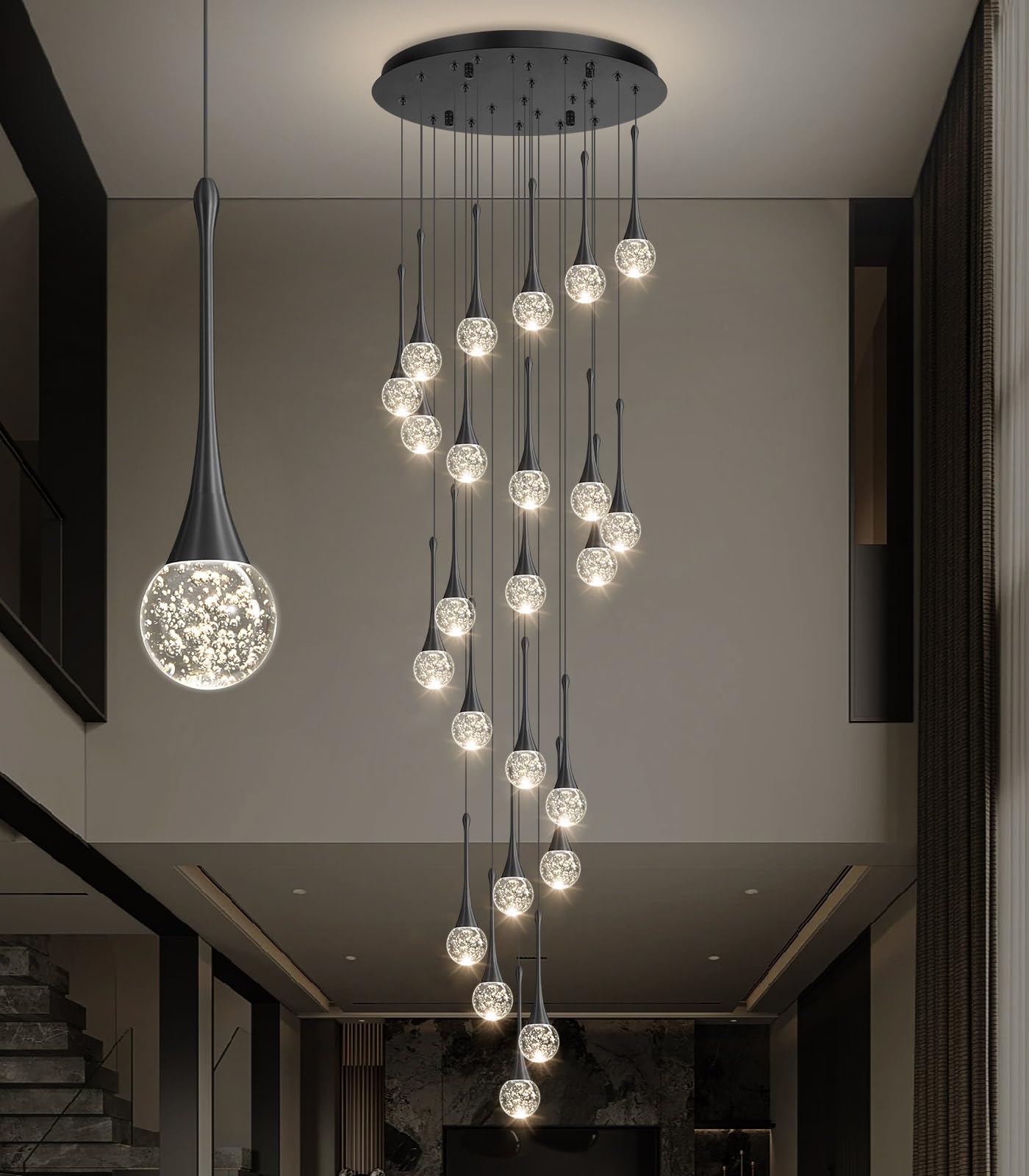 24 Light Modern Glam Crystal Chandelier For High Ceiling Led Dimmable Ceiling Pendant Light Staircase Foyer Enterway Living Room Chandelier Lighting Antique Black