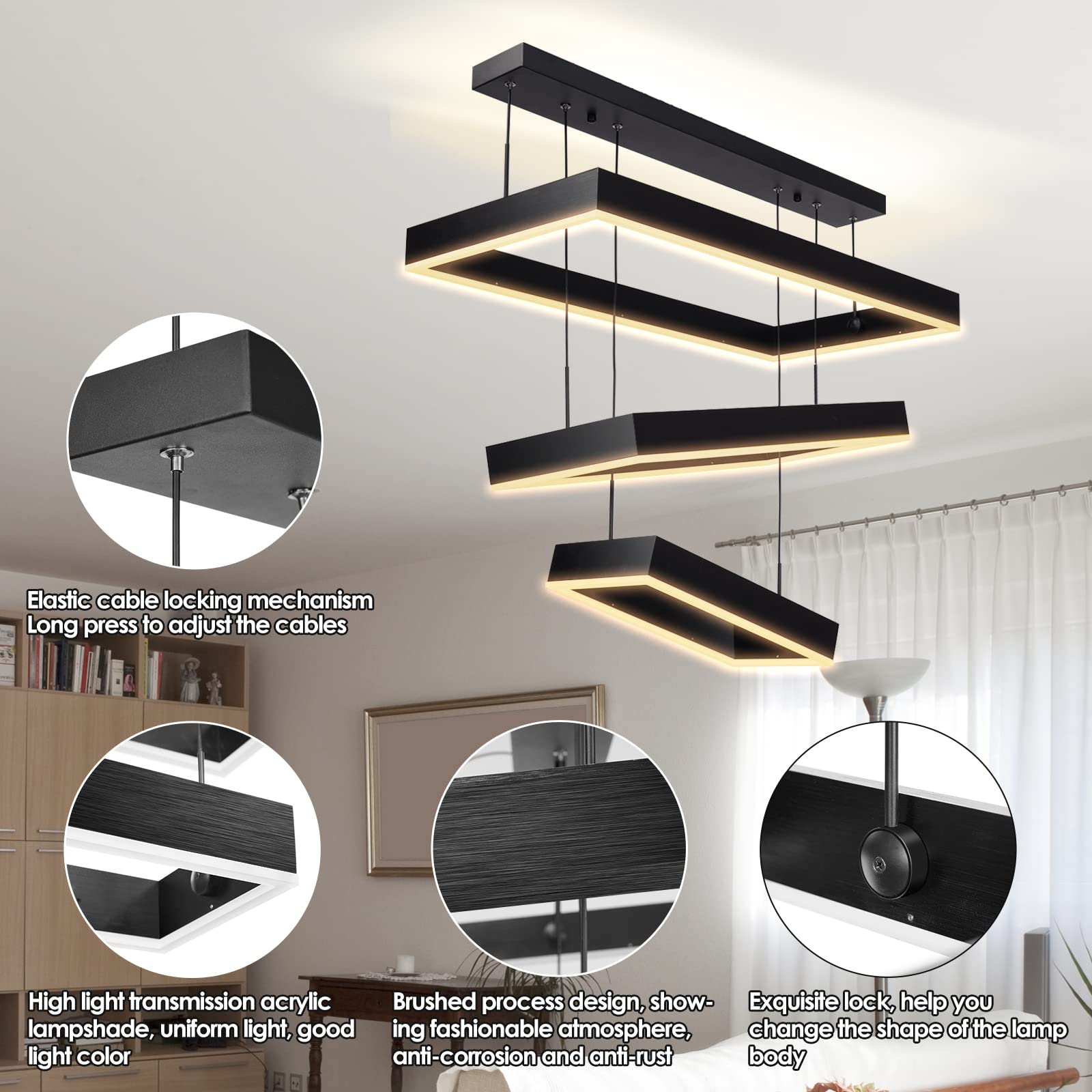 Modern Chandelier,Modern Led Chandelier,3 Rings Rectangle Chandelier For Living Room,Adjustable Height, Luxury Foyer Chandelier