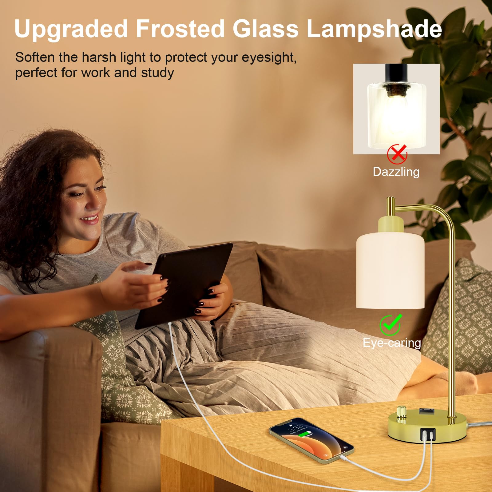 Industrial Table Lamp, Stepless Dimmable Gold Desk Lamp,Gold Table Lamp With 2 Usb Ports And Ac Power Outlet, Frosted Glassshade