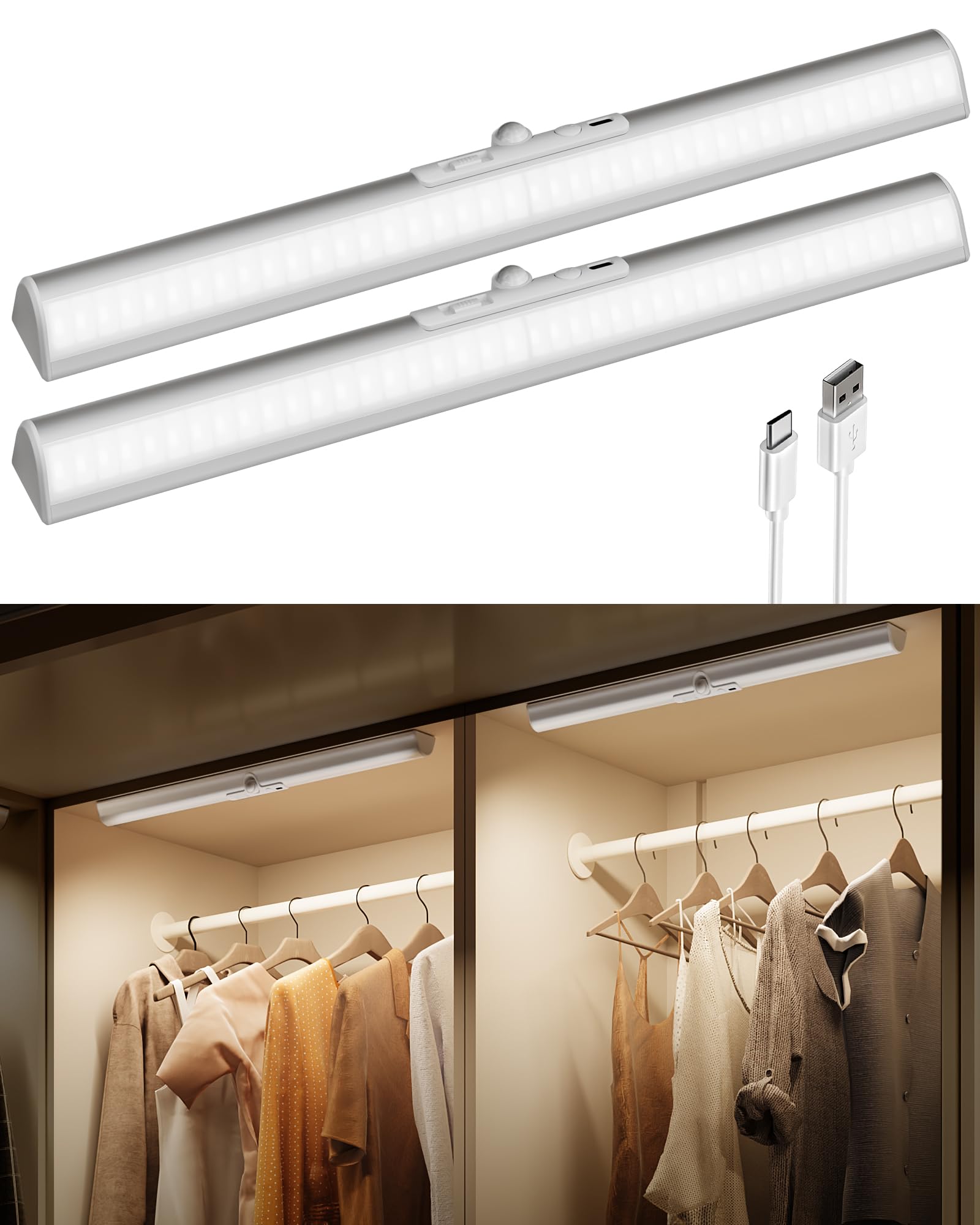 EZVALO 17Inch Motion Sensor Closet Lights, 3600mAh Rechargeable Battery LED Cabinet Lights, 150 Lumens No-Glare Curved, 3 Color 