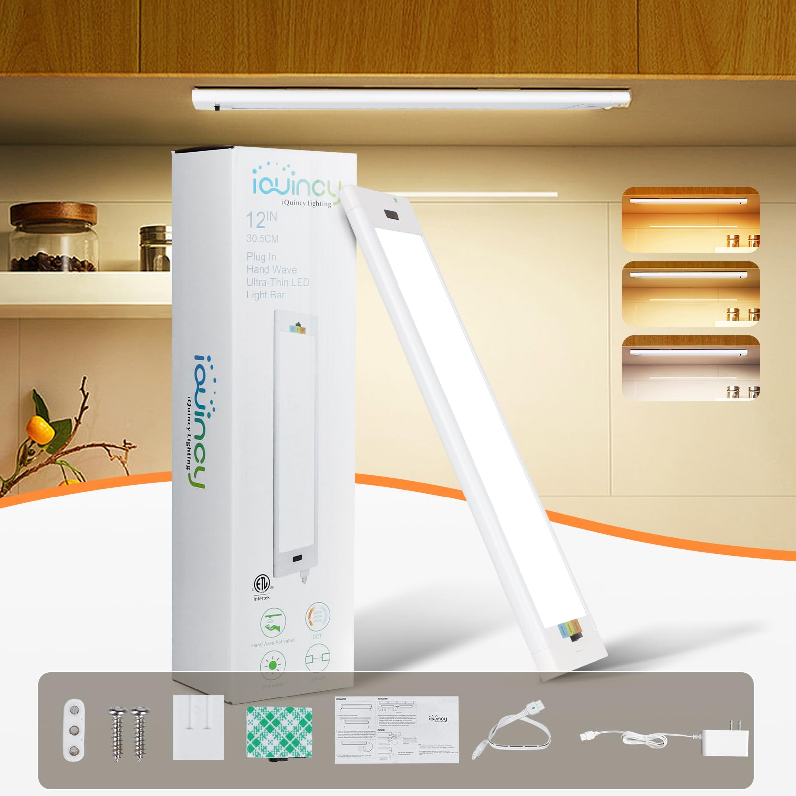 Under Cabinet Lights Plug in, 12 Inch Hand Wave LED Closet Light, 3 Color Temp 3000K/4000K/5000K Dimmable Under Counter Light, U