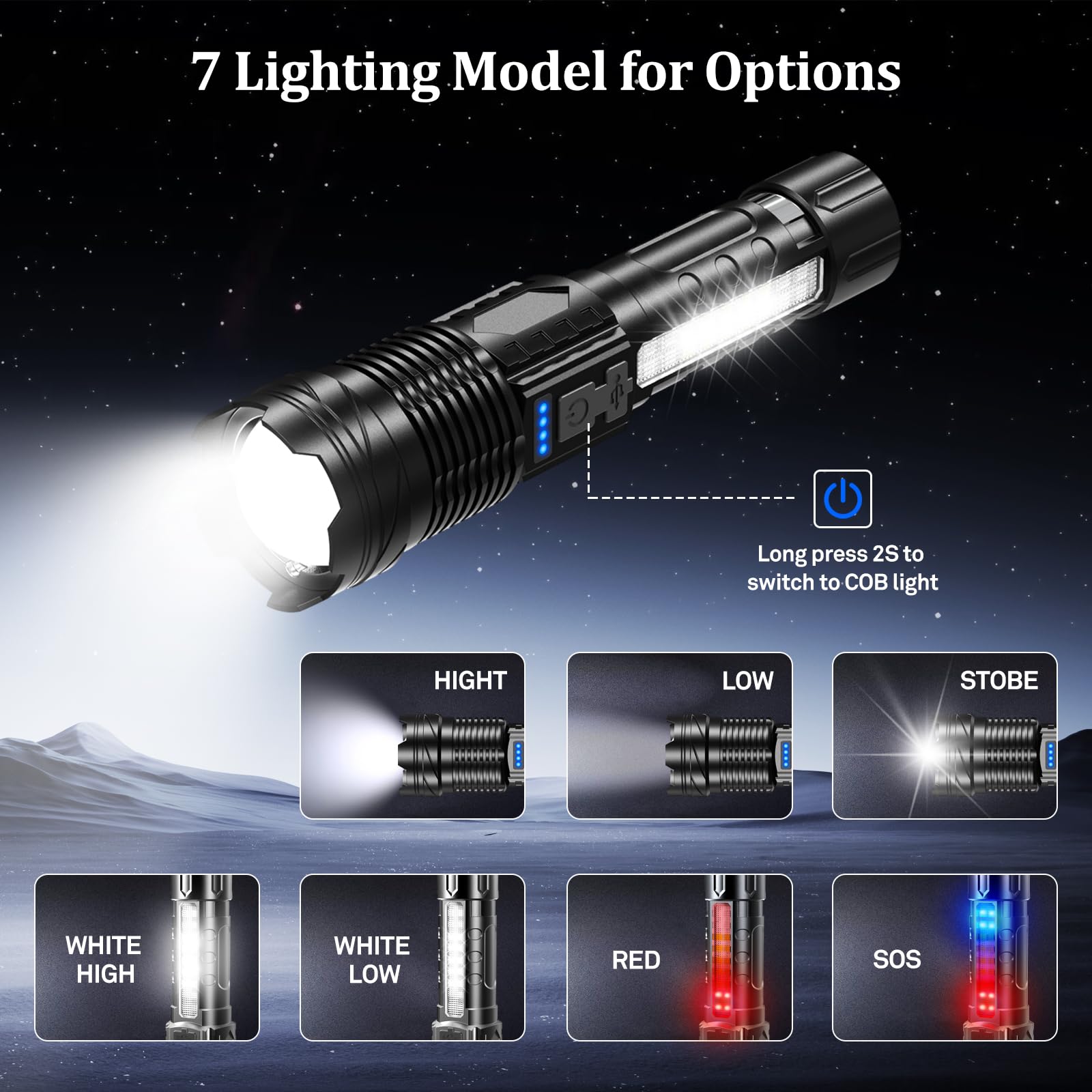 Earrck Rechargeable LED Flashlight - 7 Modes, Waterproof, High Lumens, Zoomable, Black, Model A76