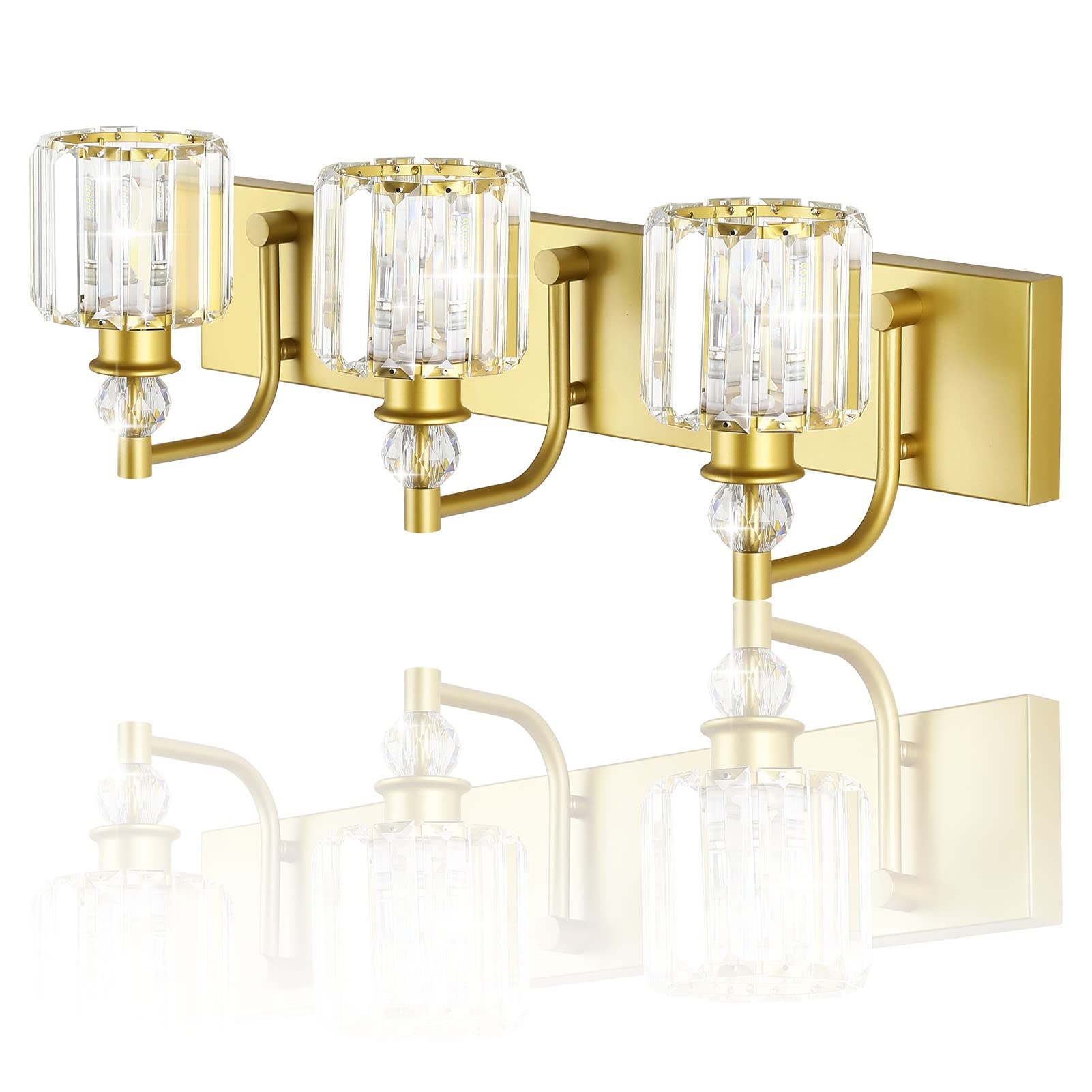 Ralbay 3 Light Crystal Vanity Light Fixture, 24 Inch Gold Bathroom Lighting, Model 8605