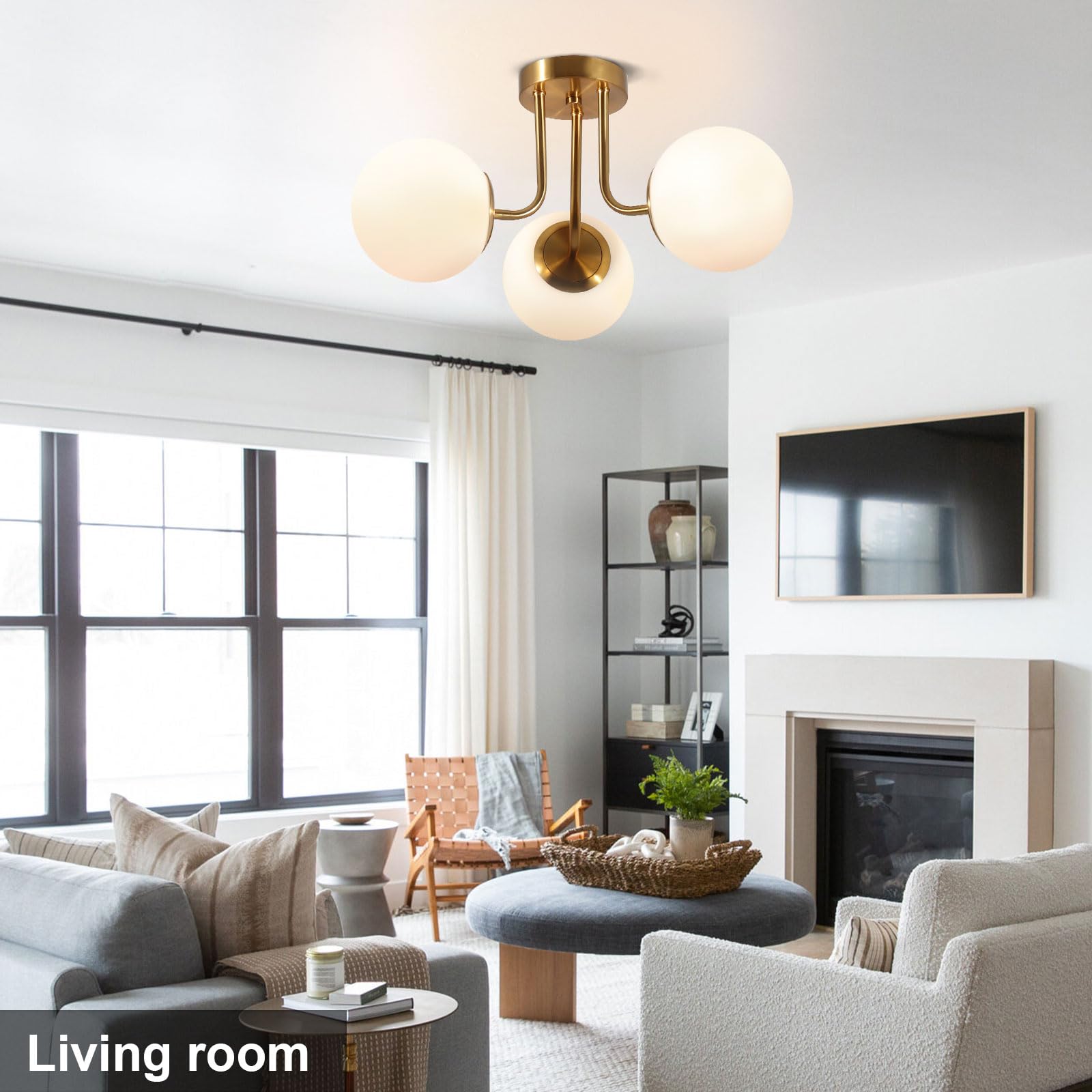 Bektas 3-Lights Semi Flush Mount Ceiling Light Fixture, Brushed Gold with White Globe, Model 303-230616BA-US479, Ideal for Bedroom & Living Room