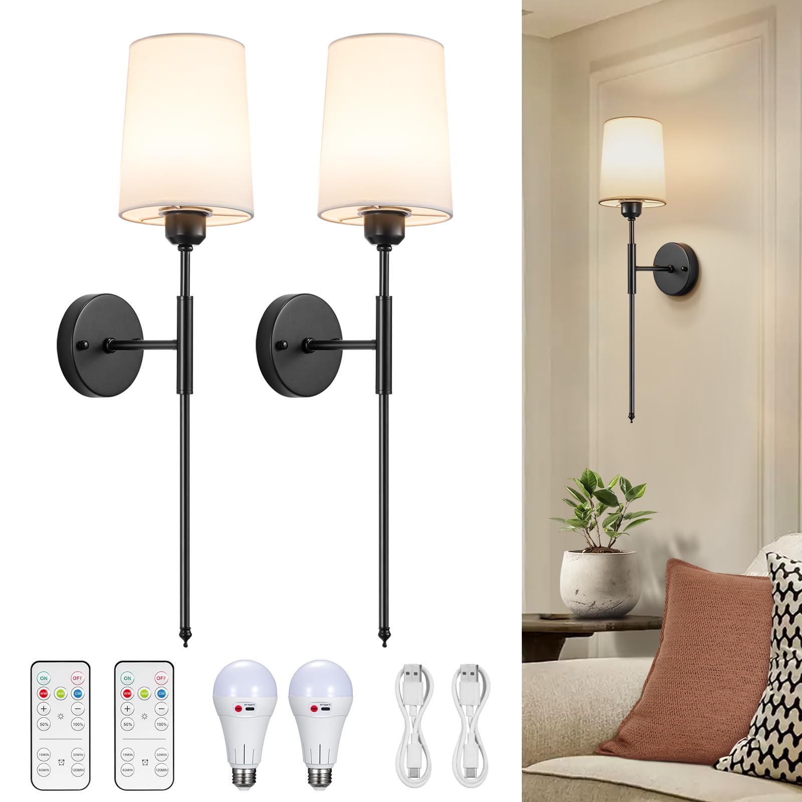 NookNova Battery Operated Wall Sconce Set of 2, Battery Powered Wall Sconces Rechargeable Wall Lights with Remote Dimmable Wall