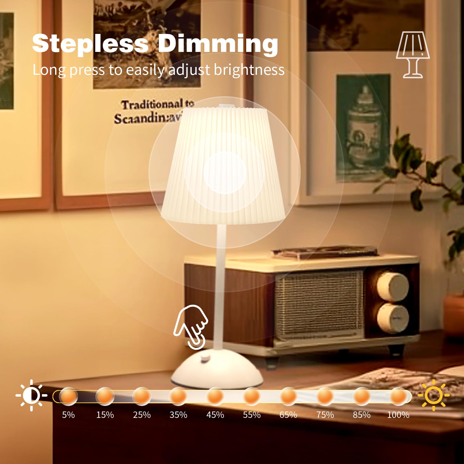 Portable Cordless Table Lamp, Fabric Shade Desk Lamps, 3000mAh Rechargeable Battery Operated Light, 3Color Dimmable Touch Lamp f