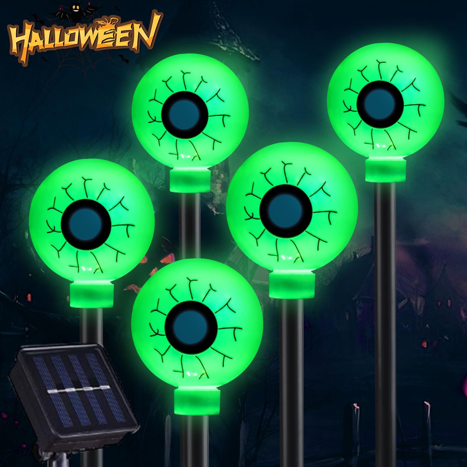Daylightir Solar Eyeball Pathway Lights Set Of 5, Waterproof Halloween Decorations, Green