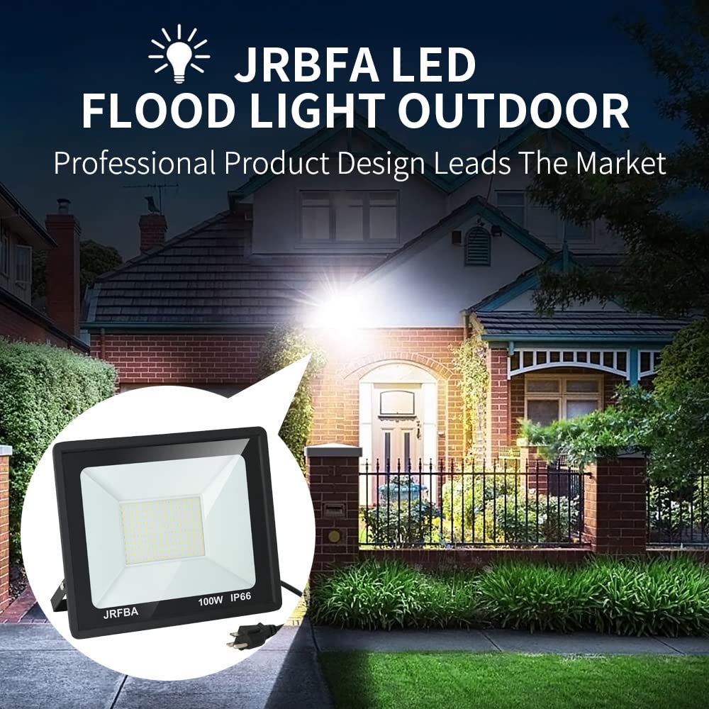 Jrbfa 100W Led Flood Lights Outdoor, 10000Lm Led Work Light With Plug, 6500K Daylight White, Ip66 Waterproof Exterior Security Lights Outside Floodlights For Backyard, Garage, Garden, Lawn