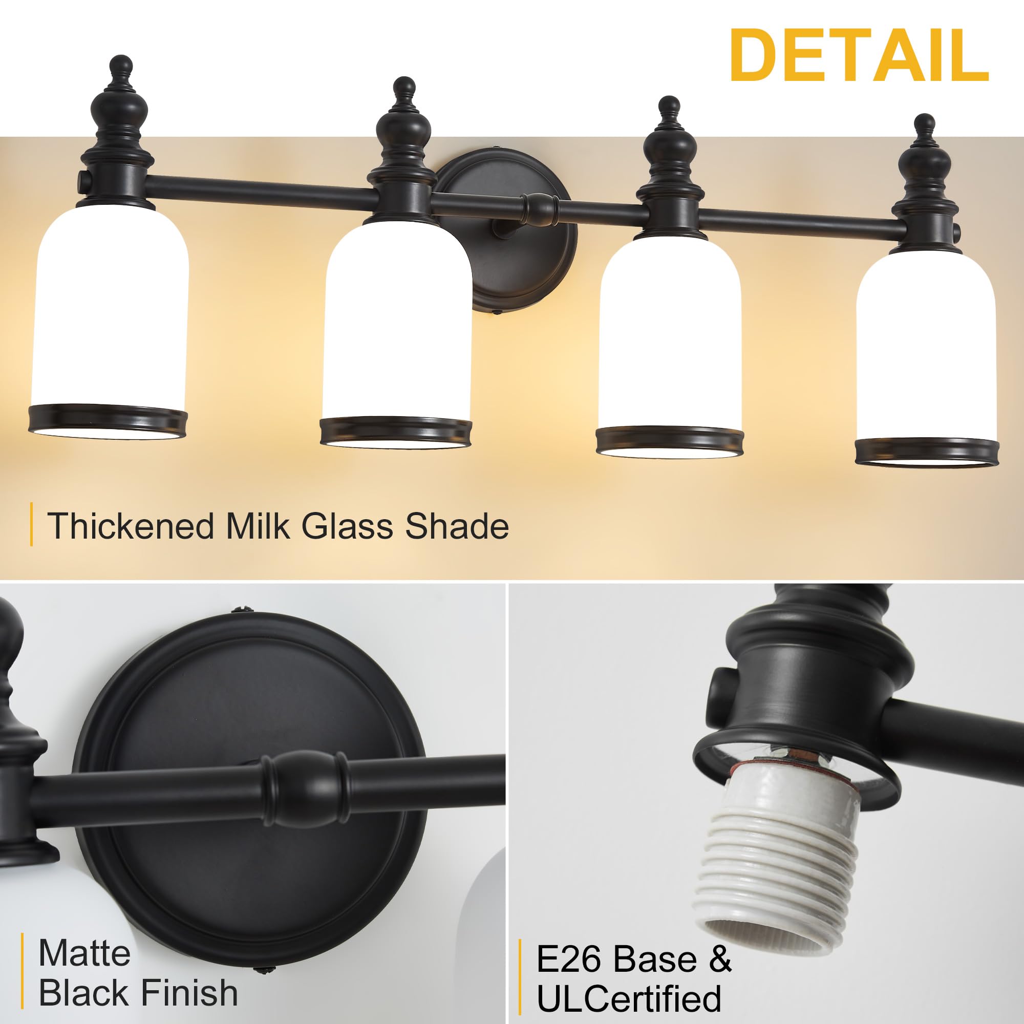 Lanmate Bathroom Light Fixtures, 4 Light Black Bathroom Vanity Light Over Mirror With Milk Glass Shade Modern Wall Sconce Mid Ce