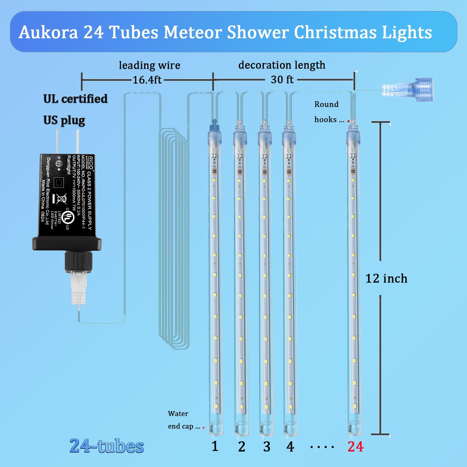 Aukora Blue Meteor Shower Christmas Lights, 24 Tubes, 576 LEDs, UL Plug, 46.4FT, Plastic Decor for Holiday Garden Party