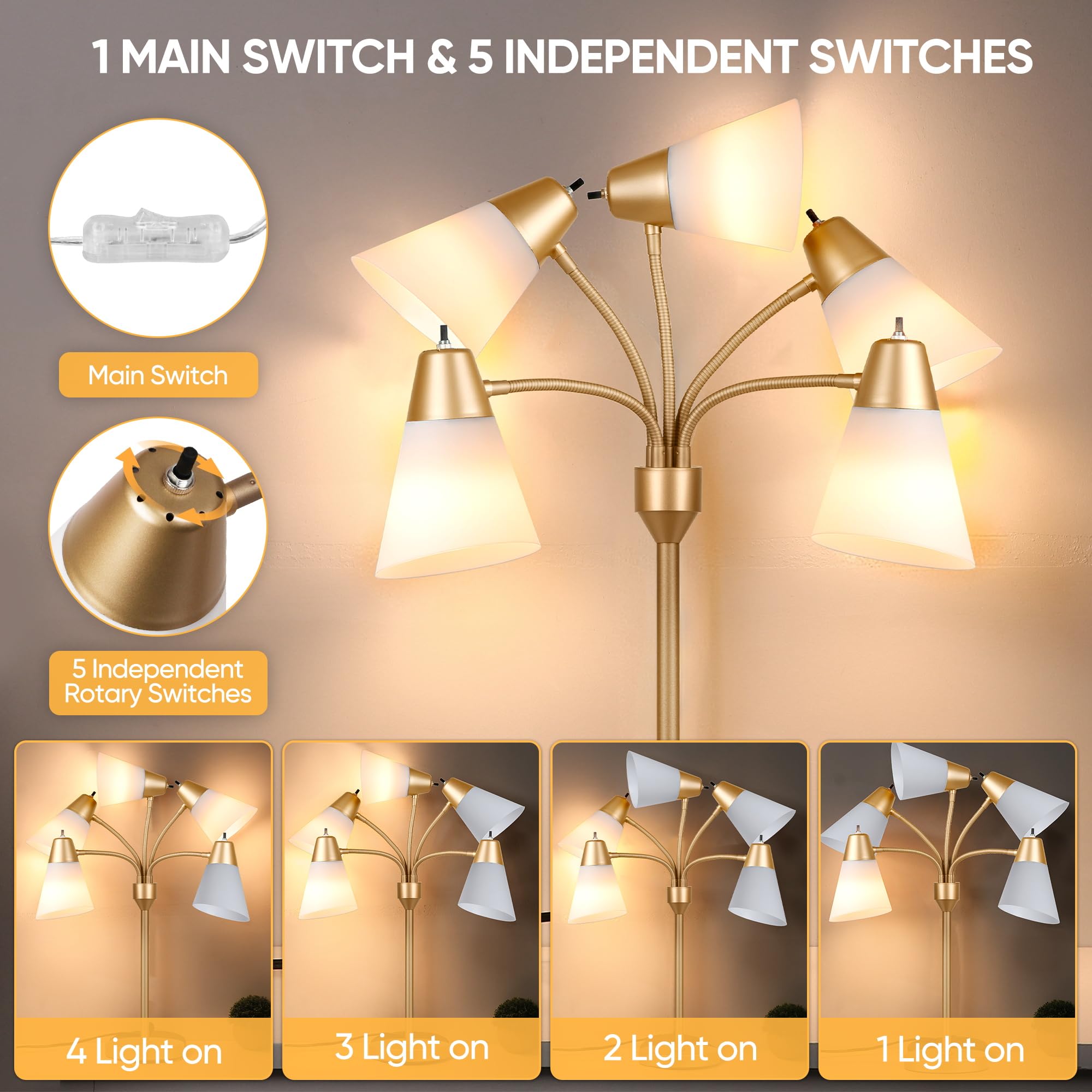 Medusa Led Table Lamp For Bedroom, Multi Head 5 Shade Modern Bedside Lamps, Arm-Adjustable Lamp For Night Stands, Desk Lamp With