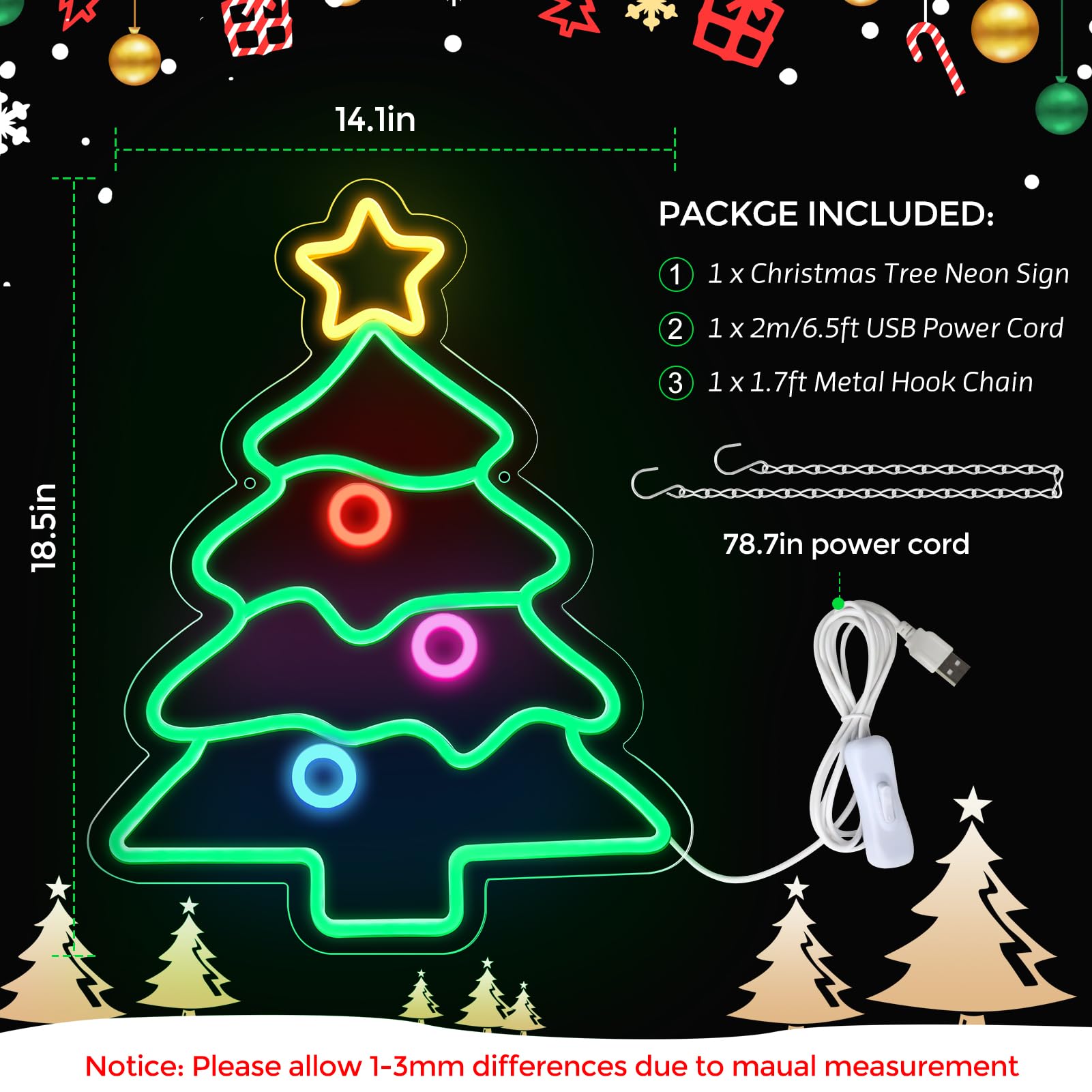 LEDLampsWorld Neon Sign - Christmas Tree Decor, 18.5x14.2 Inch, Acrylic, Multi-Color (Green, Yellow, Red, Purple, Blue)