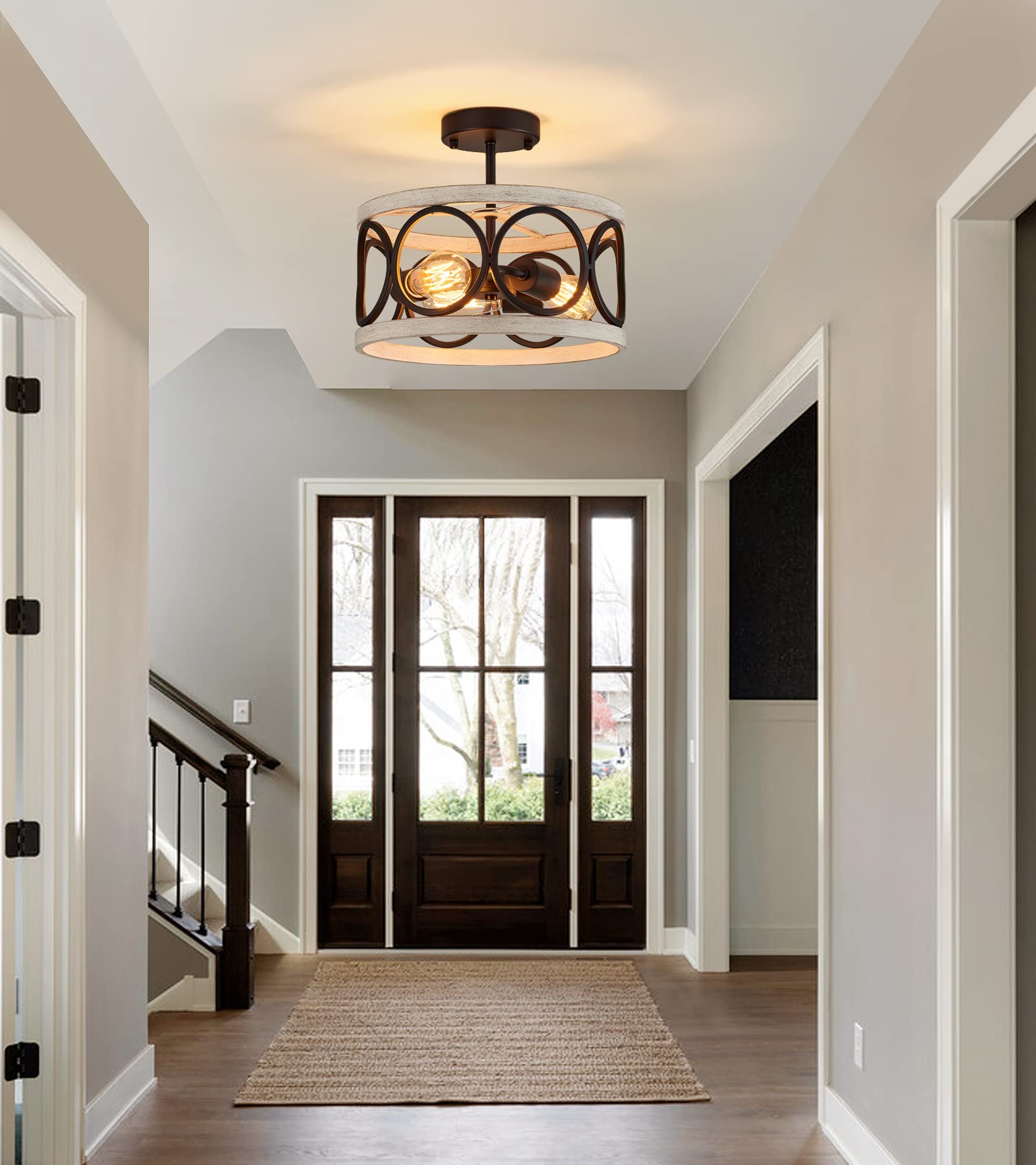 MEIXISUE 3-Light Flush Mount Ceiling Light Fixture - Modern Farmhouse Design in Black and White Birch for Kitchen, Dining Room, Entryway