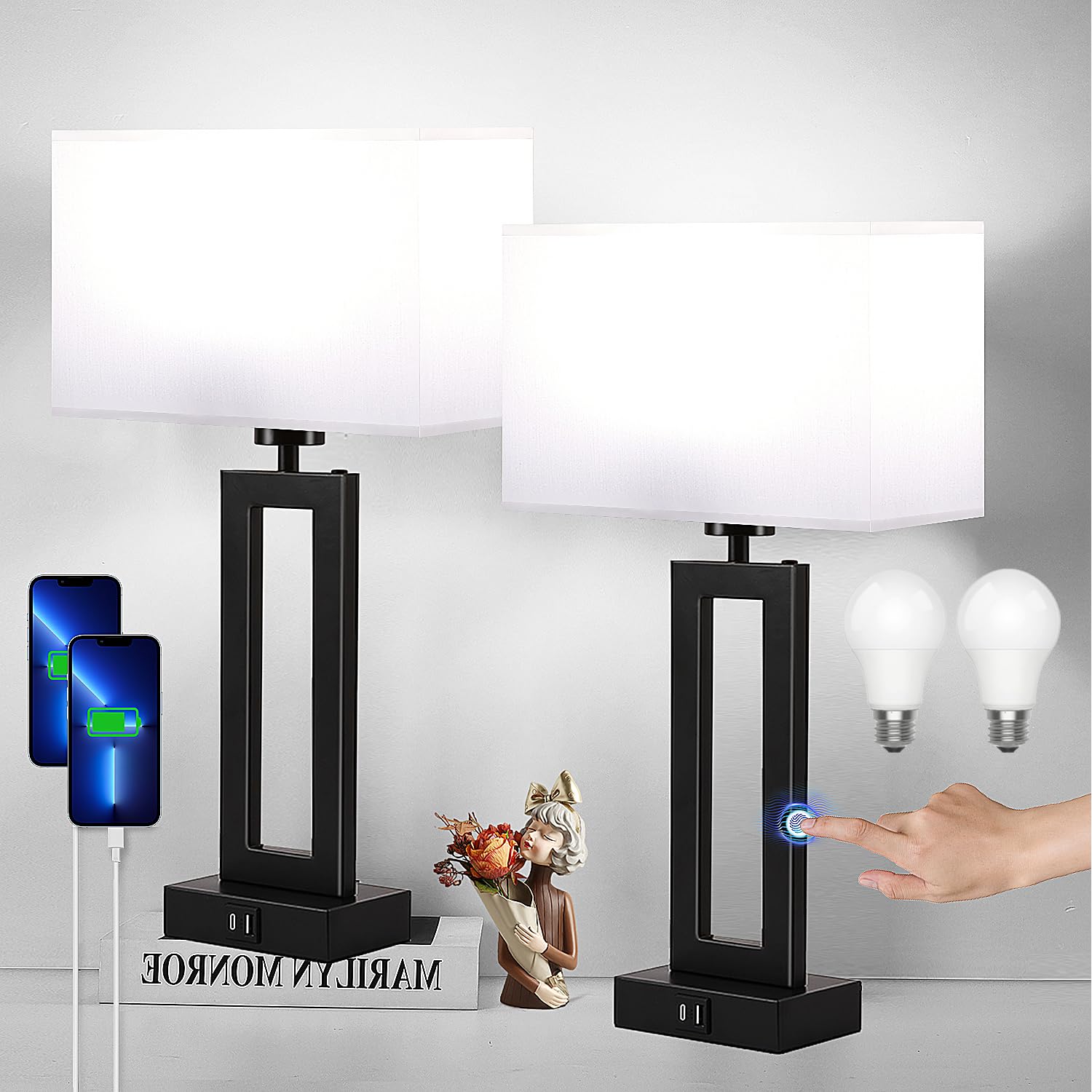 Lamps for Bedrooms Set of 2 Touch Control Table Lamp with USB C+A Charging Ports, 3 Way Dimmable Bedside Nightstand Lamps Modern