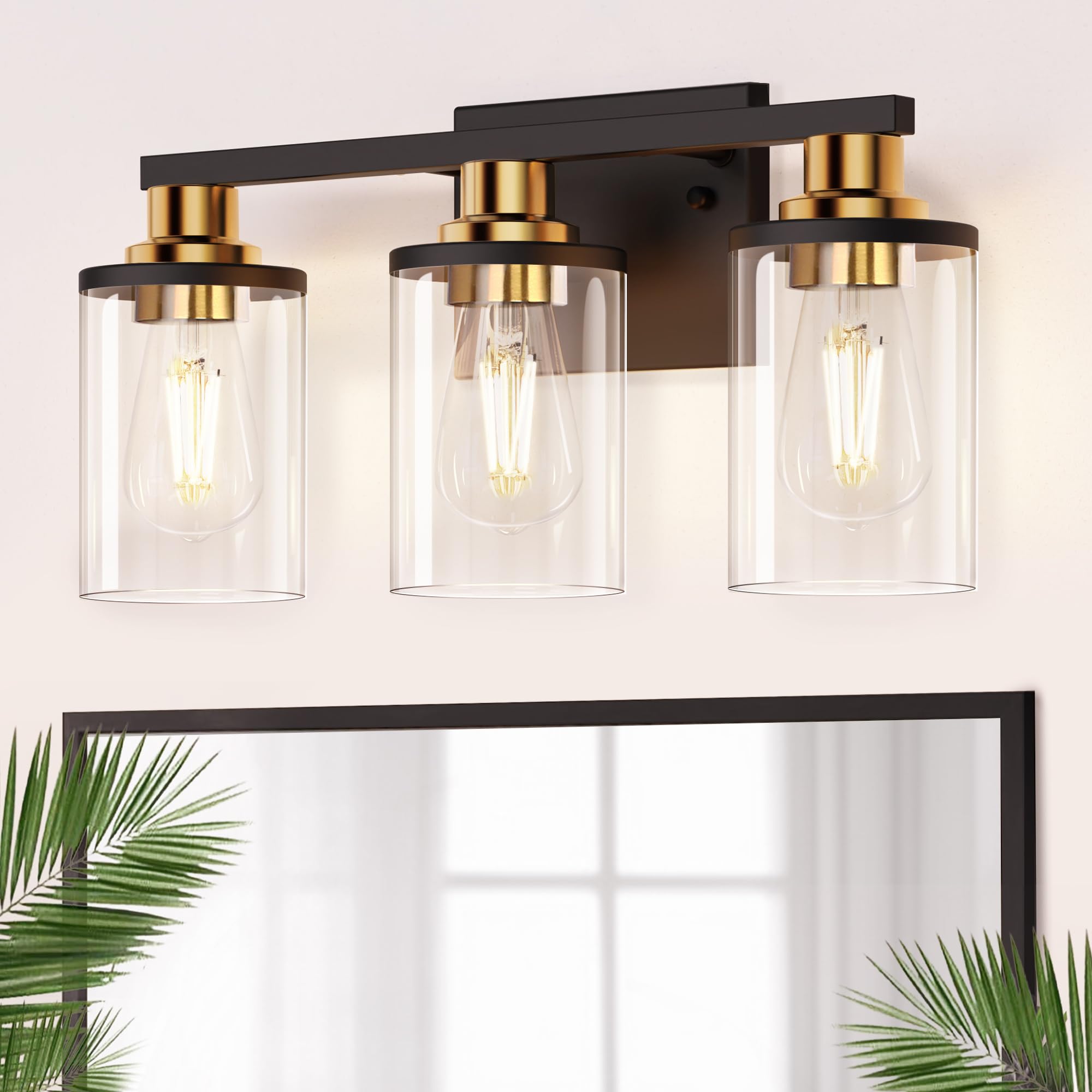 DORESshop Bathroom Light Fixtures, 3-Light Vanity Lights, Black and Gold, Glass Shade, ETL Listed