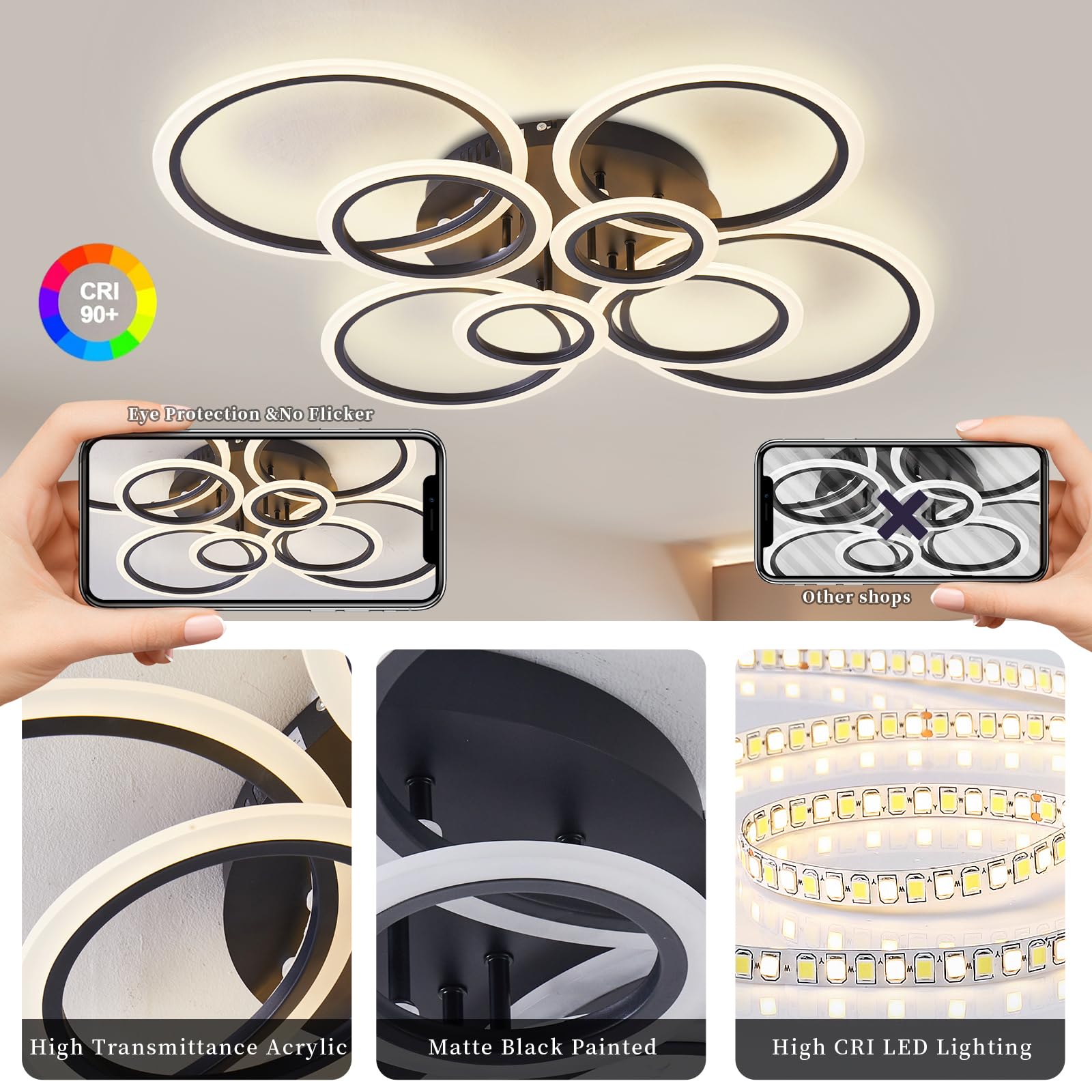 Modern Led Ceiling Light, Semi-Flush Mount With Remote Control, Dimmable Brightness (3000-6000K), 8-Ring Black Design For Living