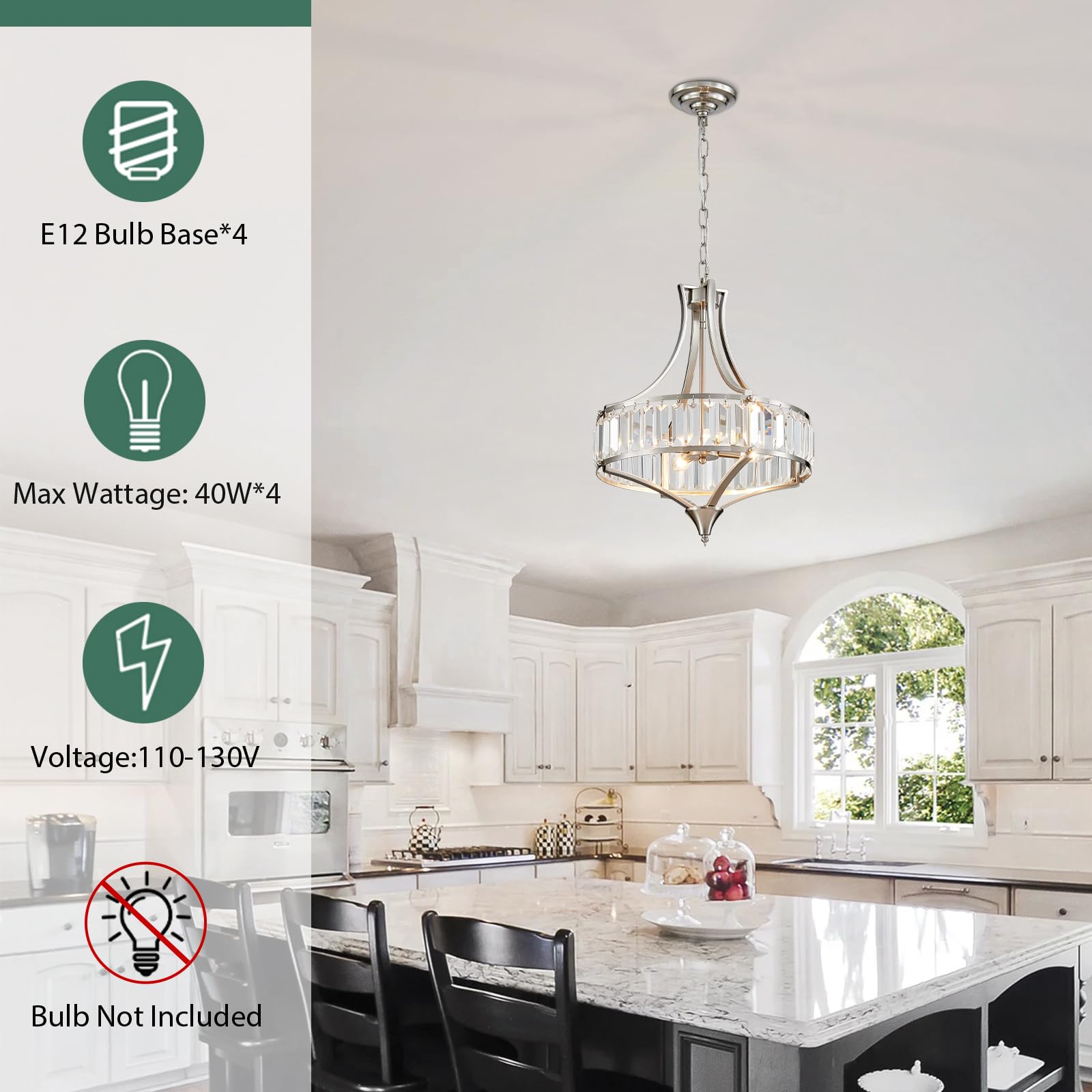 Avzkcy Modern Crystal Chandelier, 15.7" Adjustable Brushed Nickel Pendant Light for Living Room, Kitchen, Dining Room