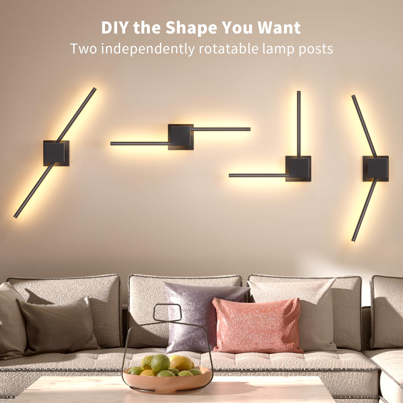 Torchlet Battery Operated Wall Sconce Set of 2, Dimmable LED Lights, 3000K-6000K, Black, Model WL001, Independently Rotatable