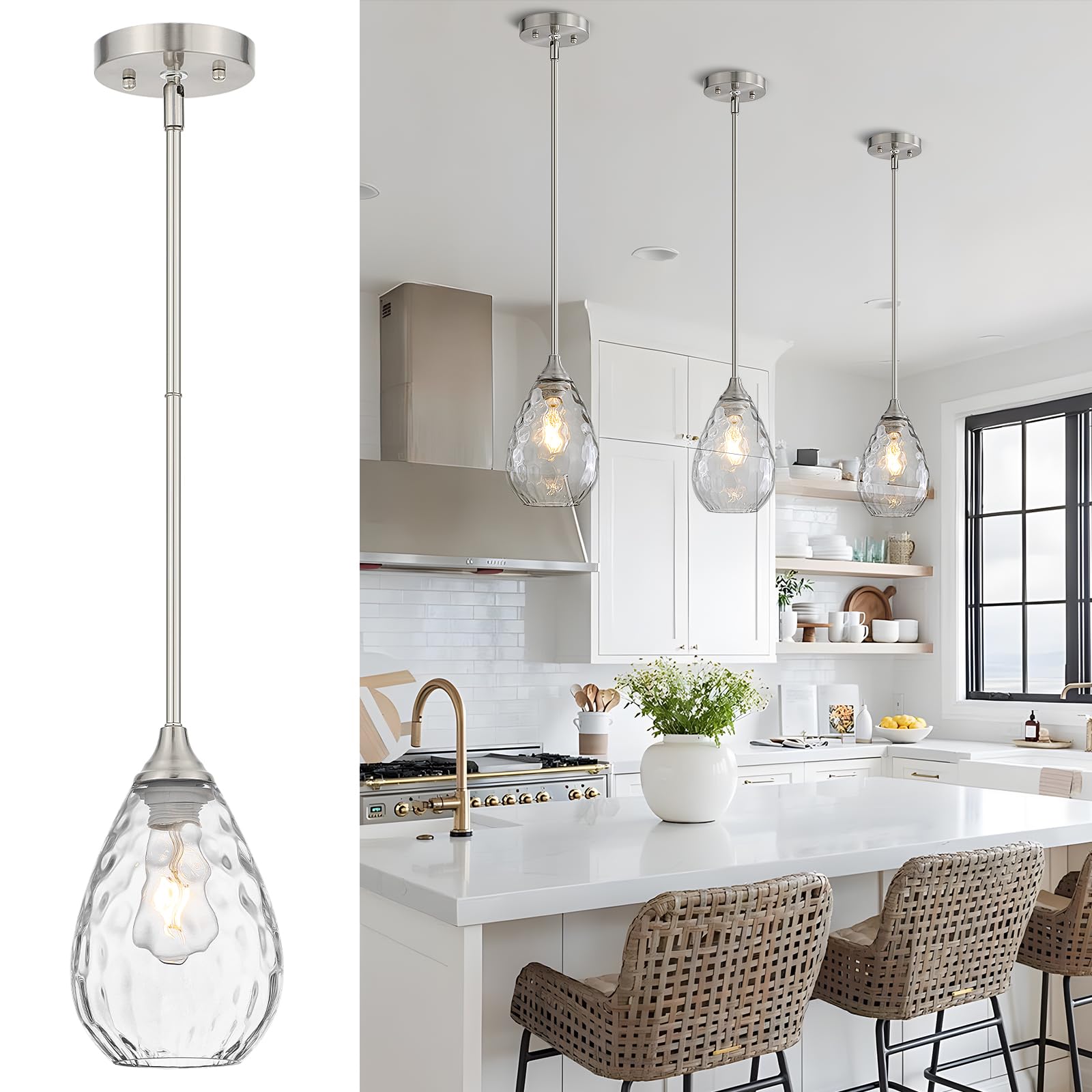SADUENFR Glass Pendant Lights Kitchen Island  1-Light Modern Brushed Nickel Pendant Light Fixtures with Hammered Glass and Rods  Small Hanging Light for Kitchen Sink Dining Room Bathroom