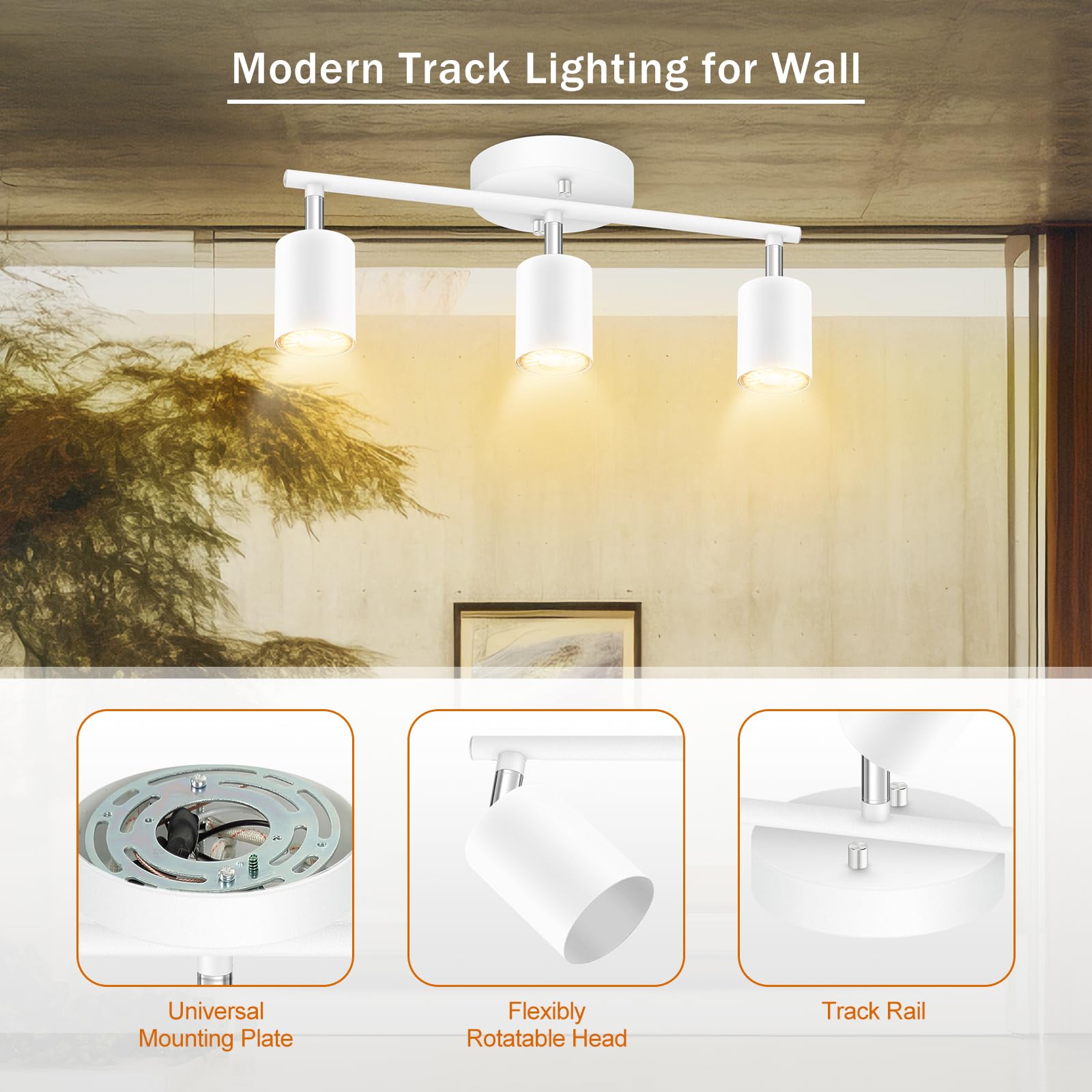 White Track Lighting, 3 Light Track Lighting Kit, White 3 Way Modern Ceiling Spotlight, Flexibly Rotatable Light Head, Industria