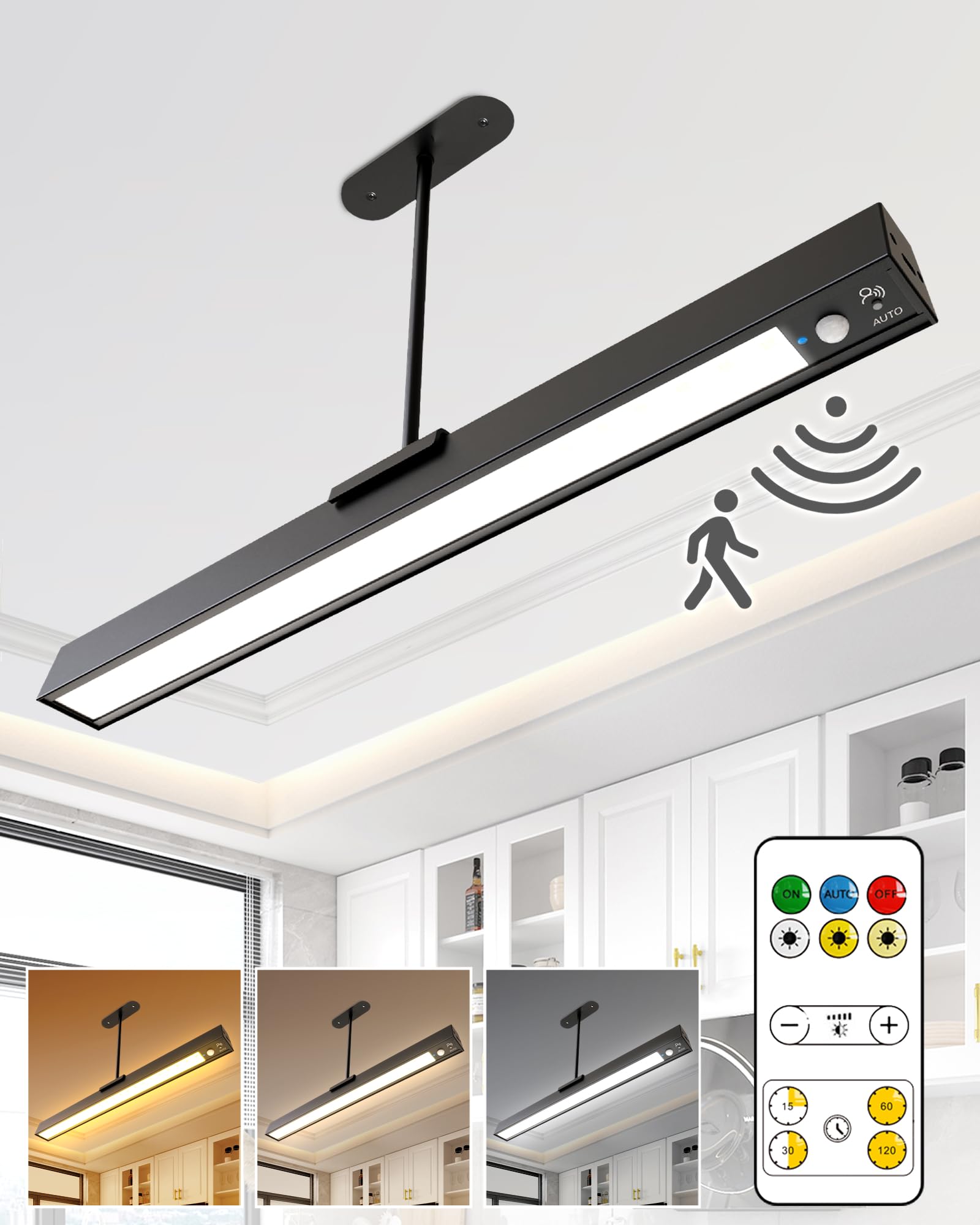 Rechargeable Motion Sensor Ceiling Light, Full Metal Pendant Lights, Battery Operated LED Closet Lights with Remote, Timer - 3 C