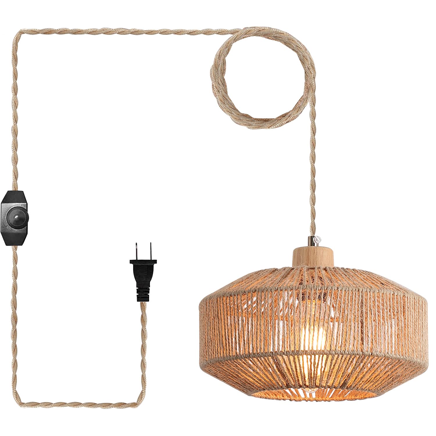Hchunqjor Coastal Woven Plug in Pendant Light with 14ft Handmade Hemp Rope Light Cord, Dimmable Switch, Natural Basket Hanging L
