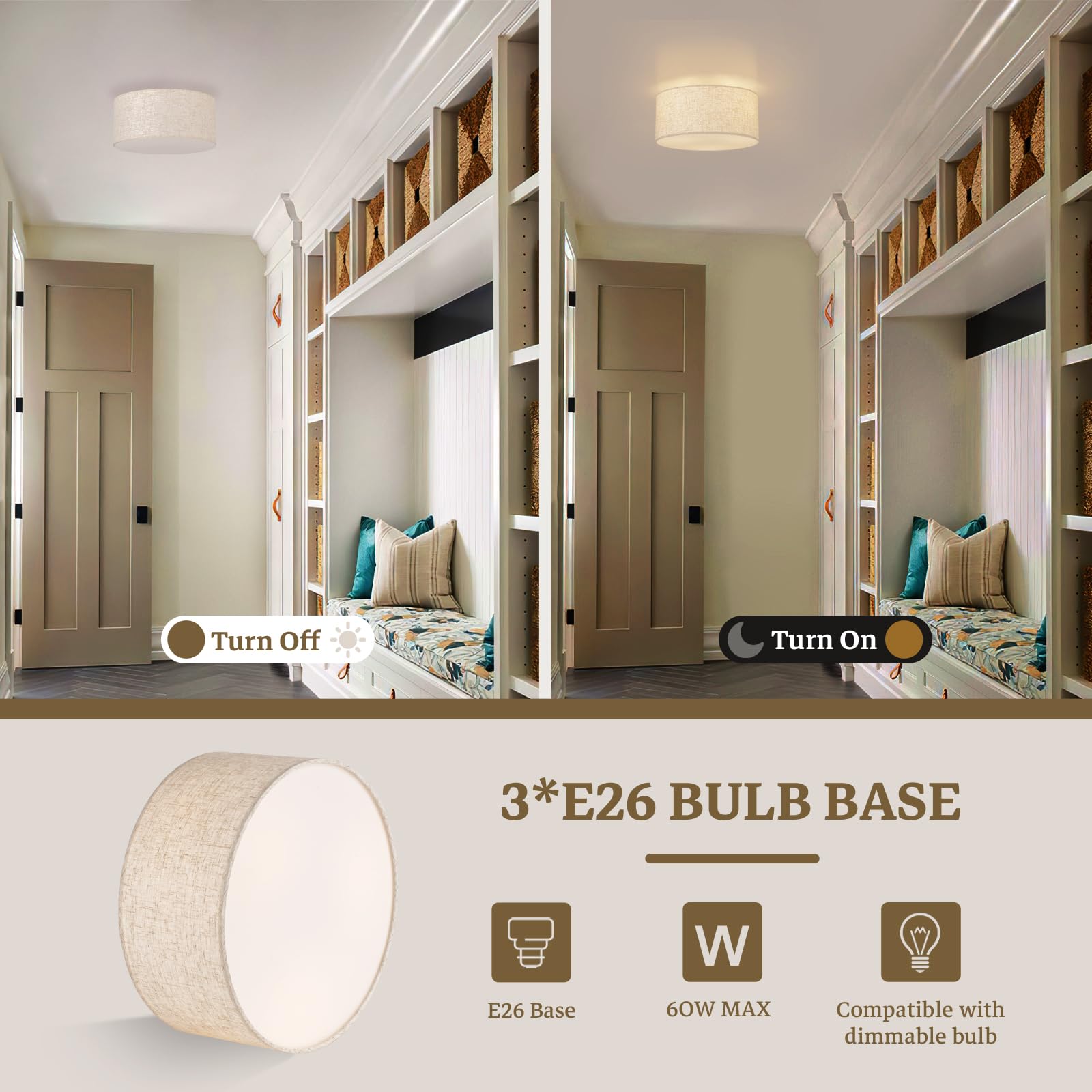 Vexagyle 13Inch Semi Flush Mount Ceiling Light Fixture,3-Light Ceiling Mount Drum Light Fixture With Linen Shade,Modern Close To