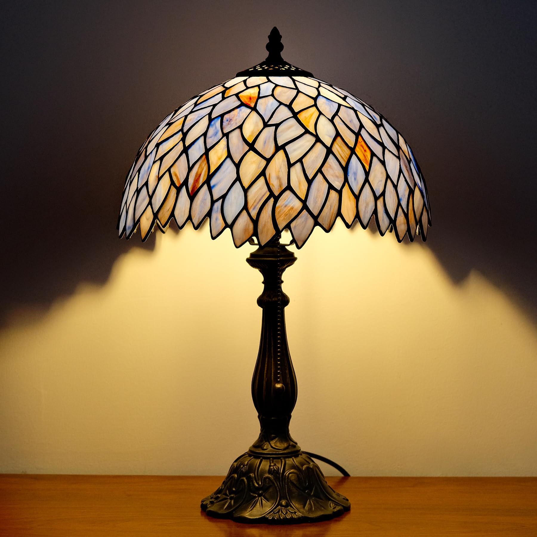 GILGGAK Tiffany Style Table Lamp Vintage Stained Glass Desk Lamp Deep Blue Purple Wisteria Bedside Reading Light Decor Bedroom L