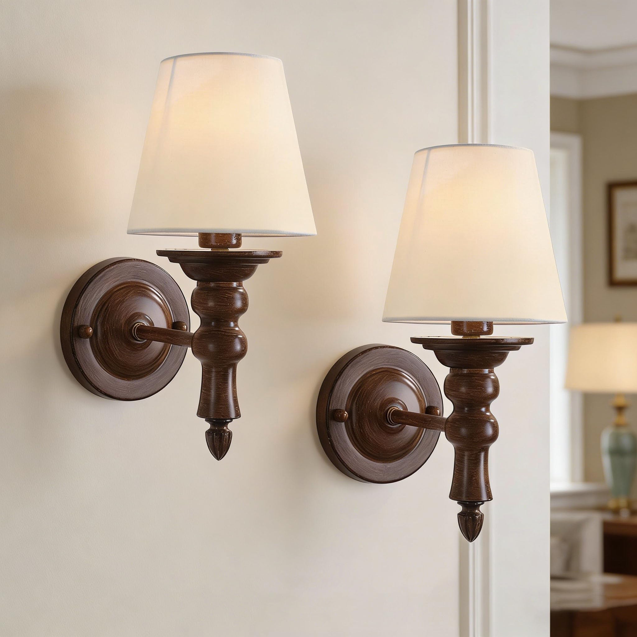 Wall Sconces Set of Two, Farmhouse Sconces Wall Decor with Wood Grain Finish and Fabric Shades, Bedside Wall Lamps for Bedroom L