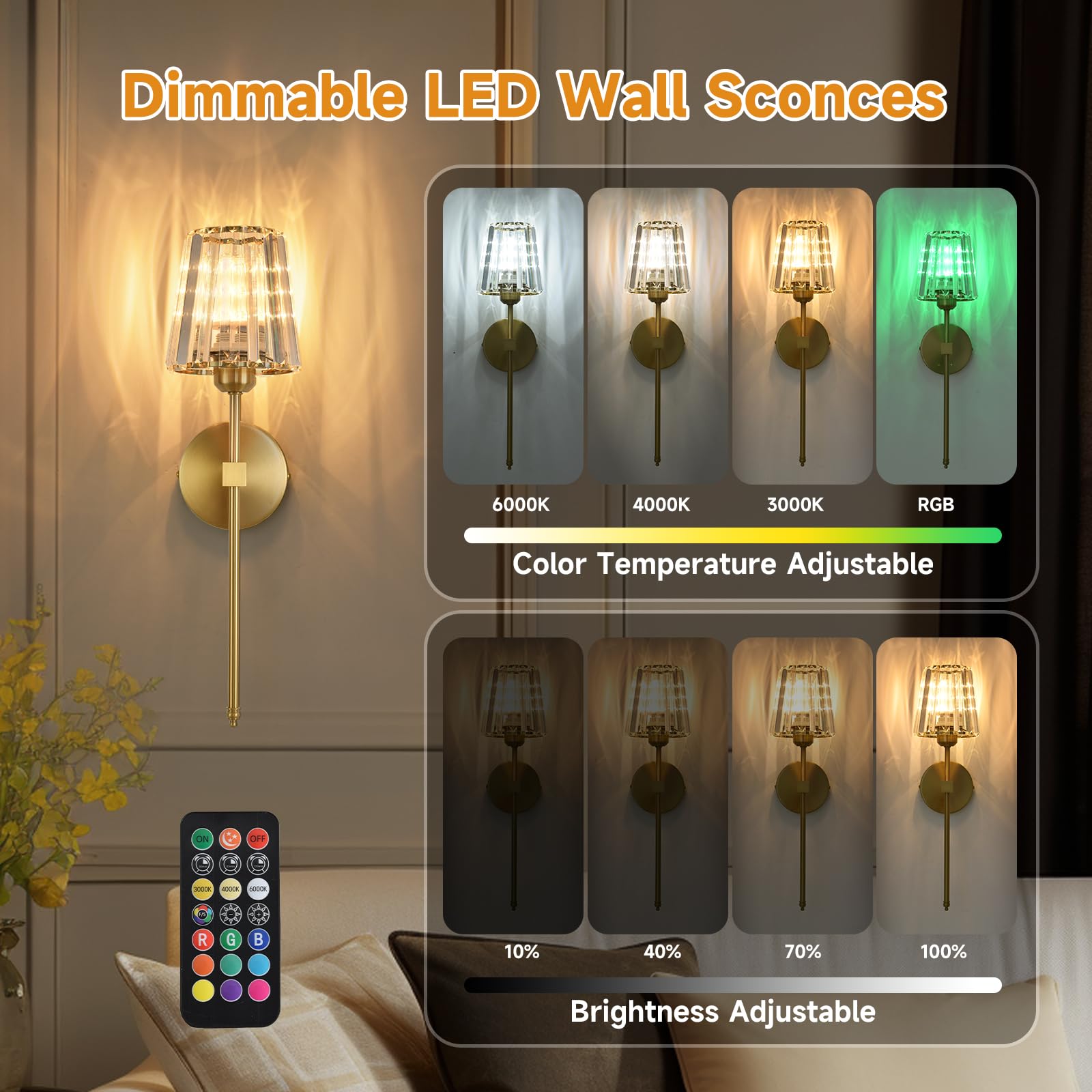 ZEBALINE Battery Operated Crystal Wall Sconces, Gold, USB Rechargeable LED Bulbs, Dimmable, Set of 2, Model BD6802-CD