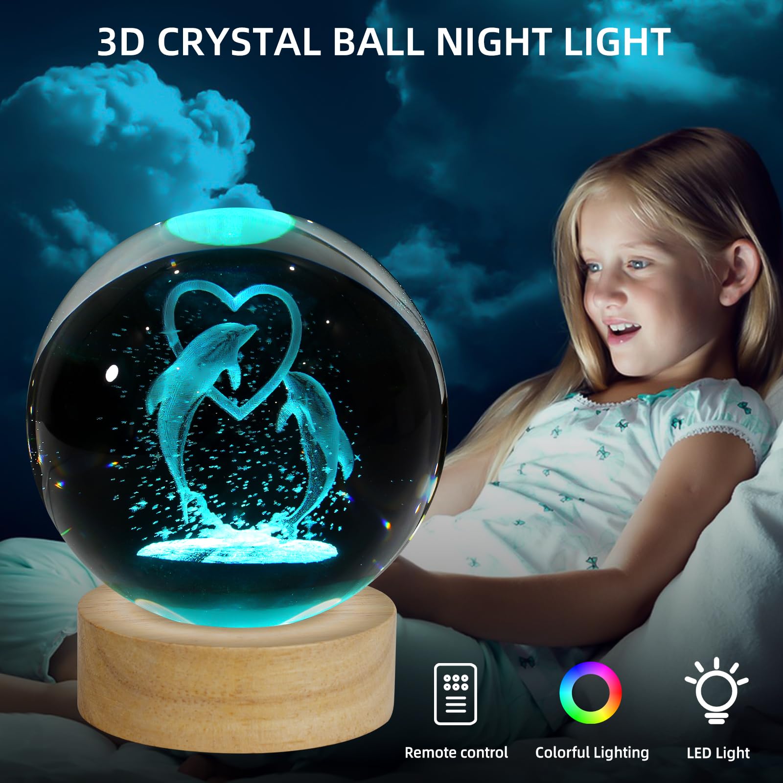 Zxblaq 3D Dolphin Crystal Ball Night Light, Upgraded 3.15 Inch Glass Ball Lamp With 16 Color Led Wooden Base, Dolphin Decor Birt