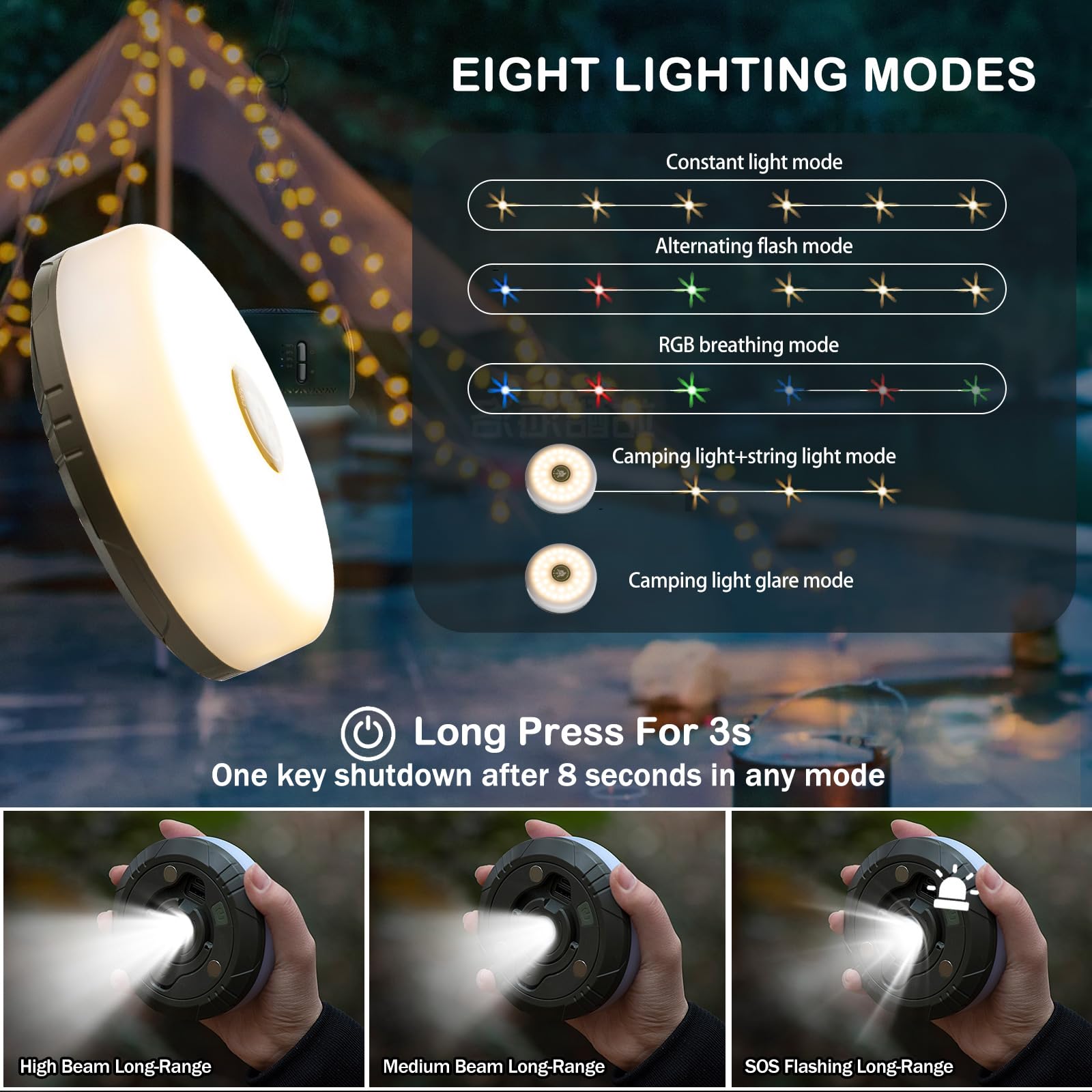 Sutaig Camping String Lights, 4 in 1 Lantern, 8 Lighting Modes, Waterproof, Type-C Fast Charging, 32.8Ft, Black, Model SSDC-Multicolor