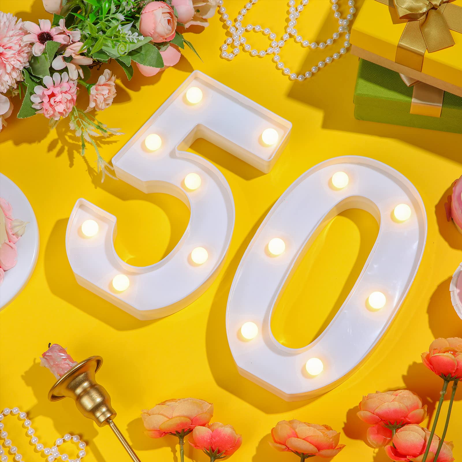 Treela LED Birthday Number Sign, Glitter Marquee Light Up 50th, White, Model Treela-Light -01, Party Decorations