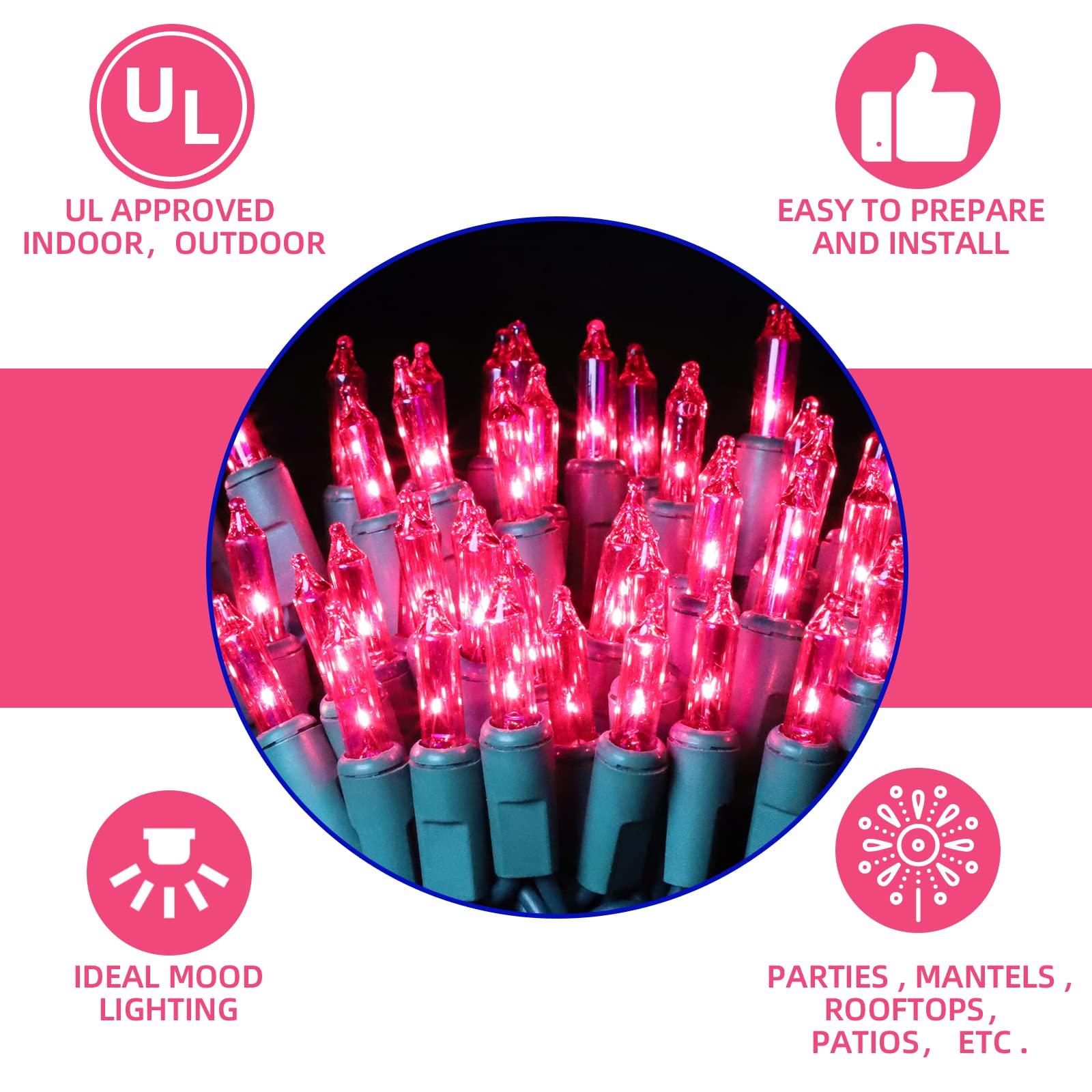 Xmashome 19.6Ft Green Wire Pink String Lights, 100 Count Incandescent Christmas Lights, (Pink, 100 Lights)