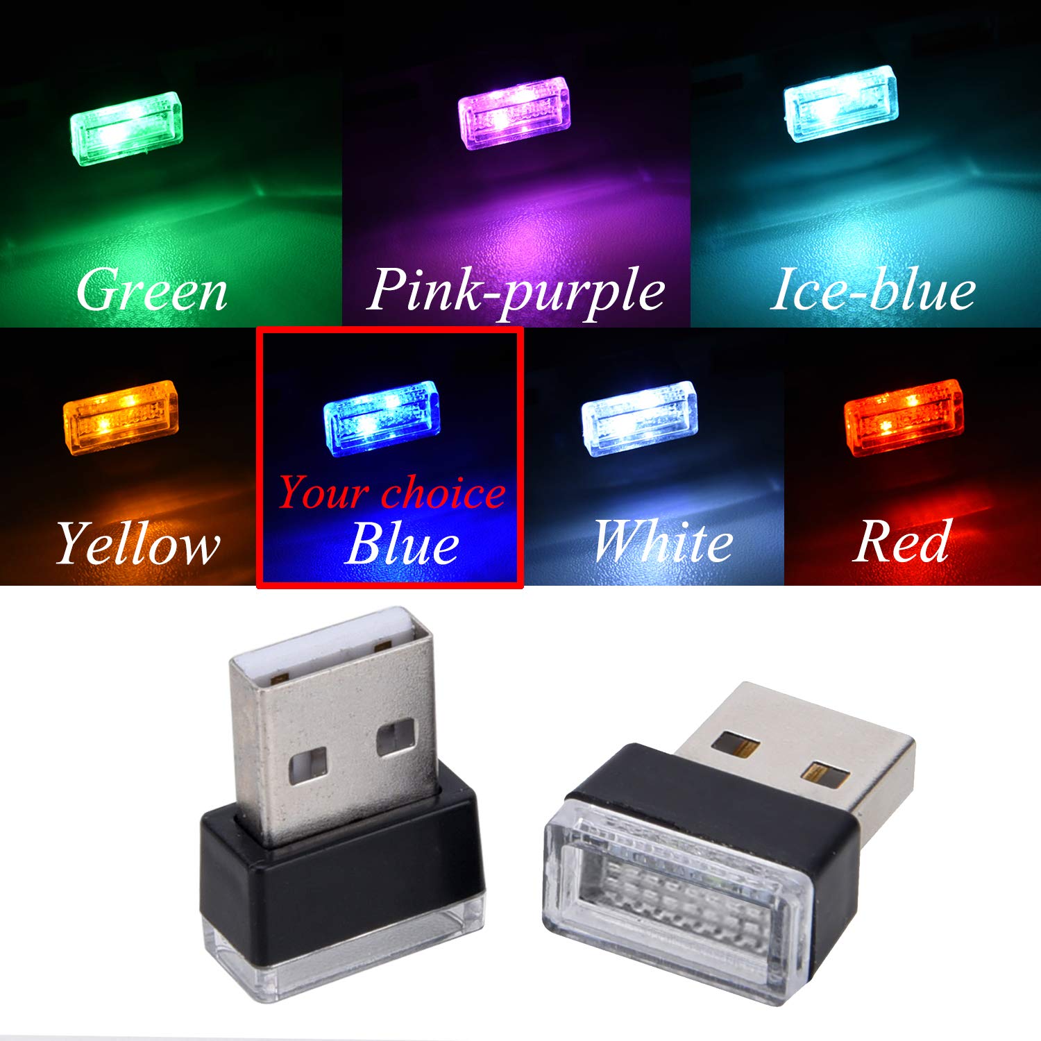 Febrytold Mini Usb Led Car Interior Lights - 2 Pcs, Blue, Abs Plastic, Model Fbd19120538, Ambient Atmosphere Lighting For Trunk