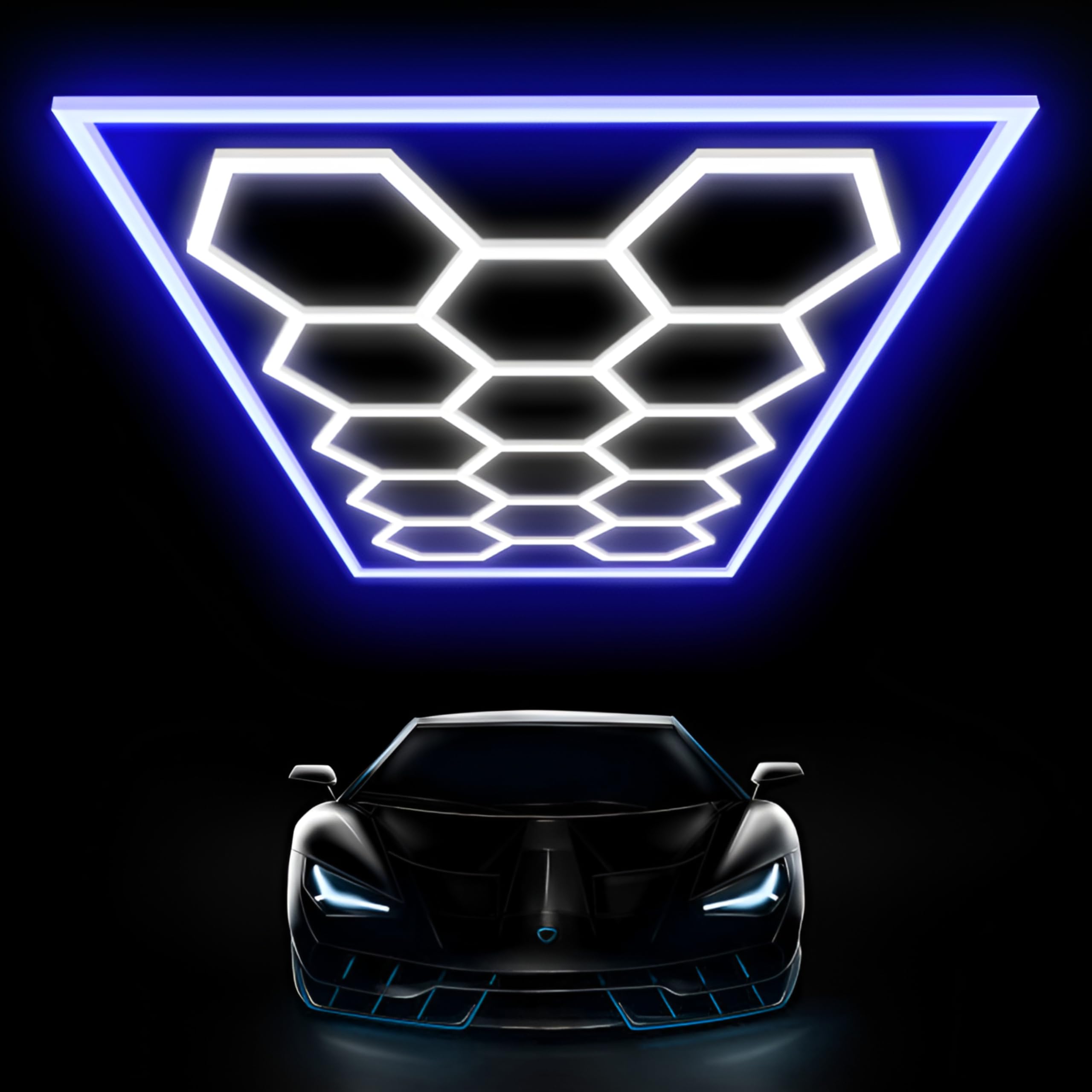 Ofenrd Large Hexagon Garage Lights 14 Hex LED Higher Brightness Lights with Blue Light Rectangle Frame Octagon Honeycomb Lighting for Garage Car Detailing Barber Shop Gym Warehouses.