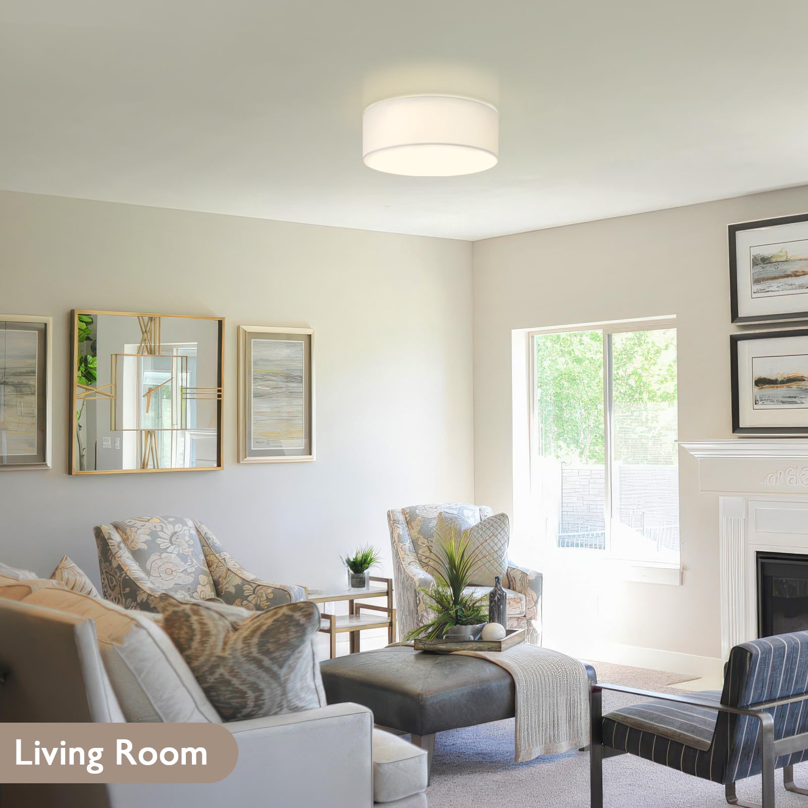 Calokes 18-Inch Large Flush Mount Ceiling Light Fixture With White Fabric Shade  Modern Drum Closed To Ceiling Lighting For Living Dining Room  Bedroom  Kitchen  Foyer - Farmhouse Lamp & Chandelier