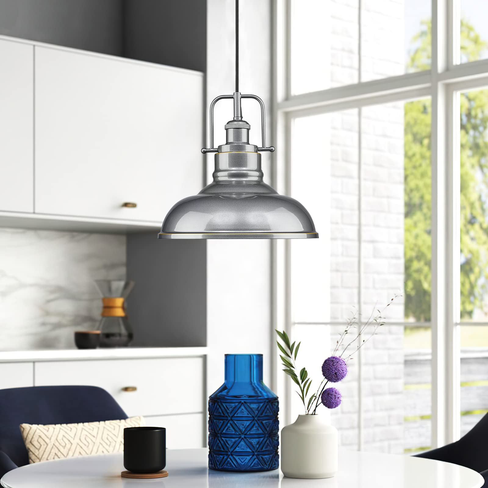 Zeyu 1-Light Industrial Pendant Light, Modern Ceiling Hanging Light Fixture For Kitchen Island Bedroom, Metal Dome Shade, Gray F