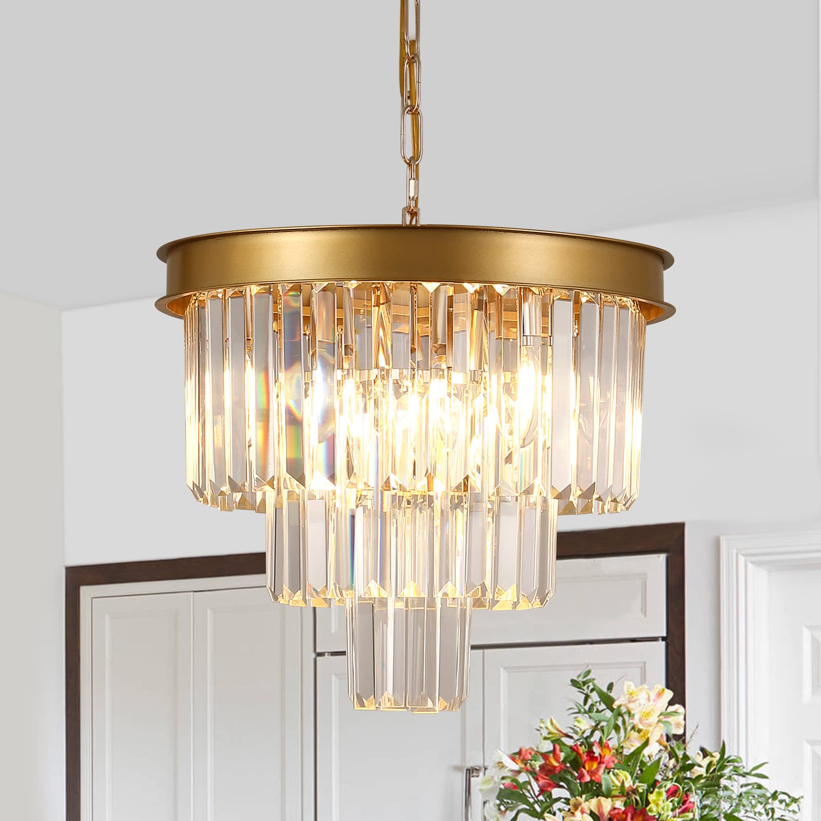 AXILIXI Gold Crystal Chandeliers 16    Modern Ceiling Pendant Light Fixture for Dining Room Dimmable Small Flush Mount Chandelie
