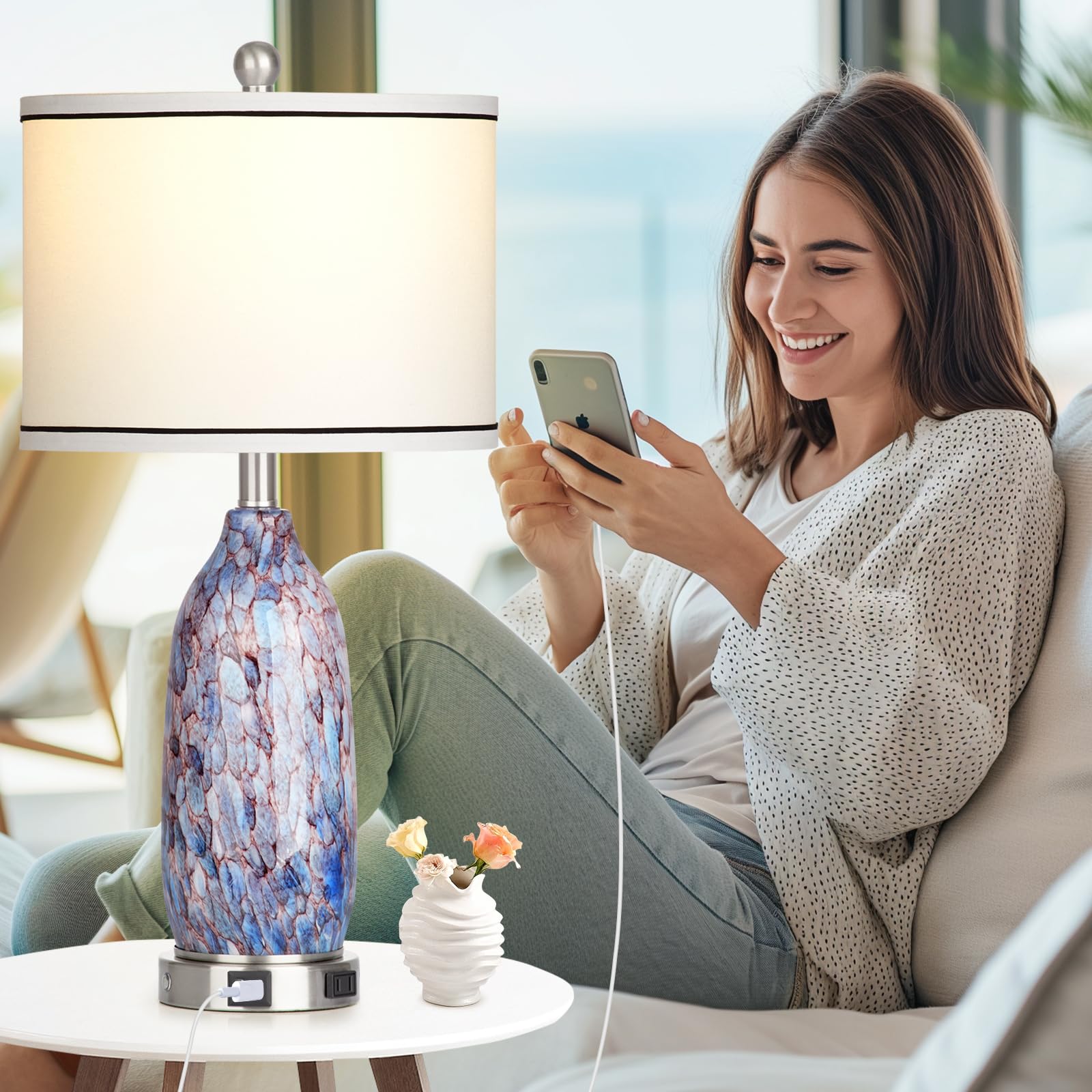 Lolikit Coastal Lamps - USB A+C Ports, LED Night Light, Large Multicolor Seashells Glass, Modern Touch Control for Bedroom Living Room
