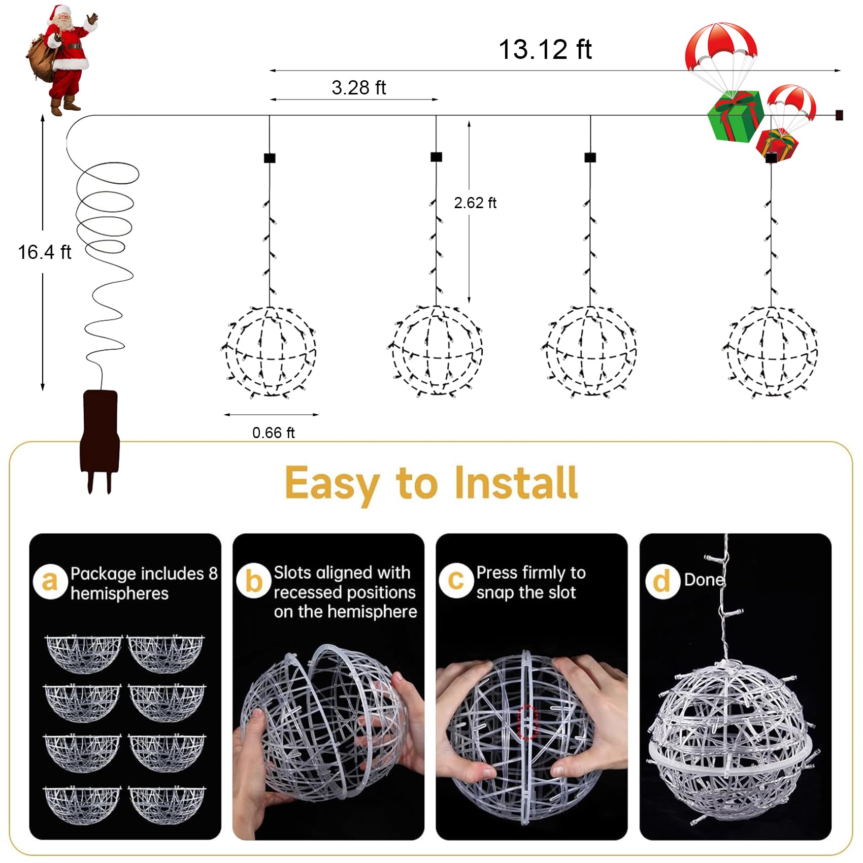Baung Christmas String Lights Outdoors,4 Pack 7.87'' Sphere Lights,Ball Tree Garden Globe Lights For Home, Party, Christmas, Por