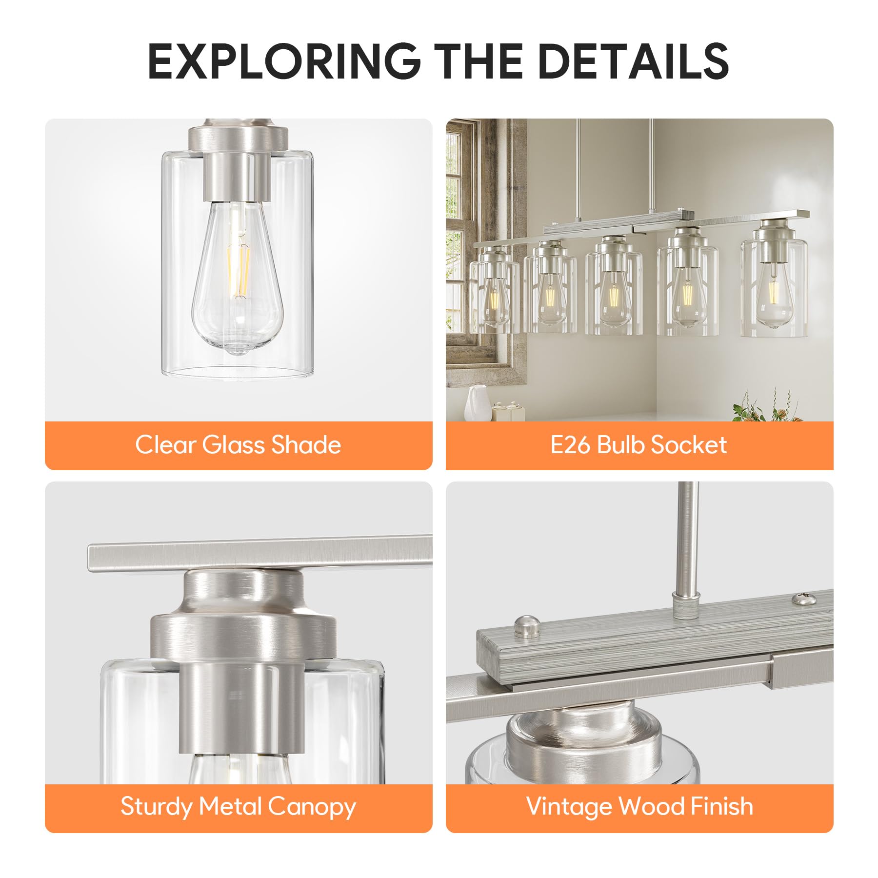 Vonluce Kitchen Island Lighting  5-Light Dining Room Light Fixture Over Table With Glass Shade And Adjustable Rods  Farmhouse Linear Chandelier For Kitchen Island  Brushed Nickel  Etl Certificated