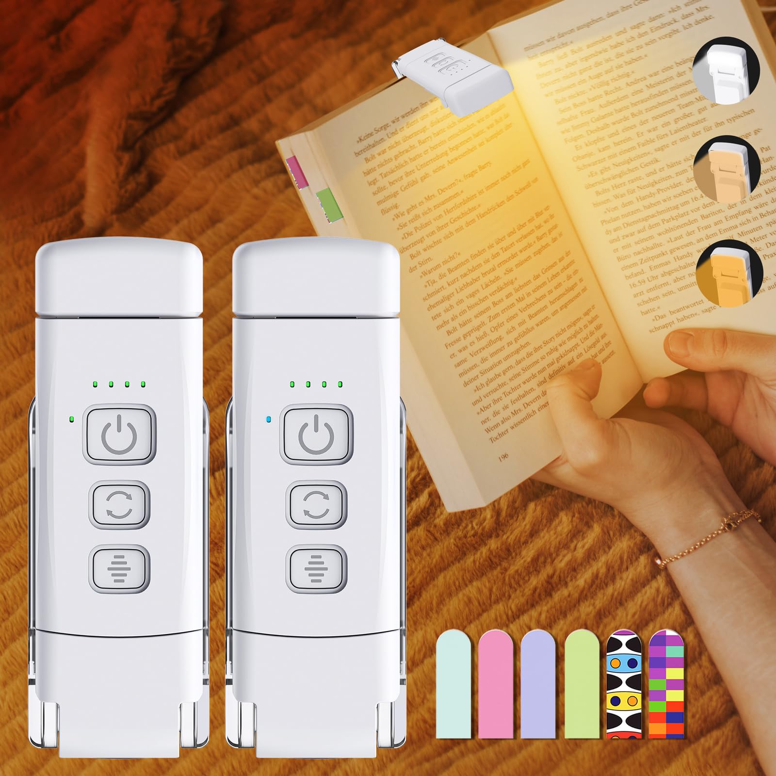 2-Pack Reading Light with 6 Bookmark, Portable Book Light for Reading in Bed, 3 Colors & 5 Brightness Dimmable Eye Care, Recharg