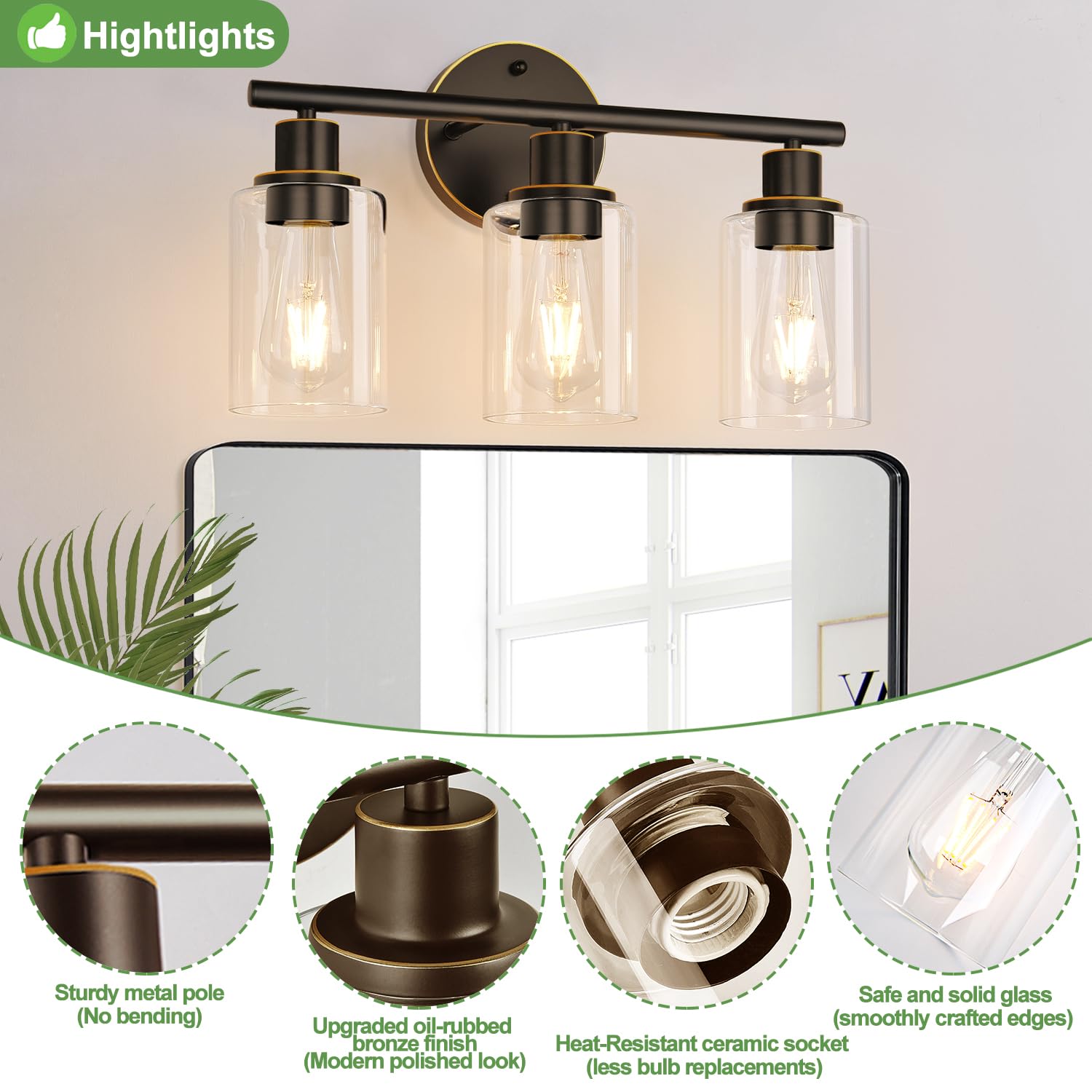 Zarbitta 3-Light Bathroom Vanity Light, Oil Rubbed Bronze With Clear Glass Shades