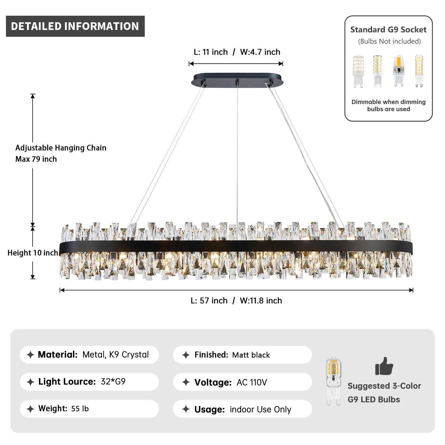 TMAFON Modern Black Crystal Chandelier, K9 Crystal, Rectangle, 57 inches, for Dining Room and Kitchen Island